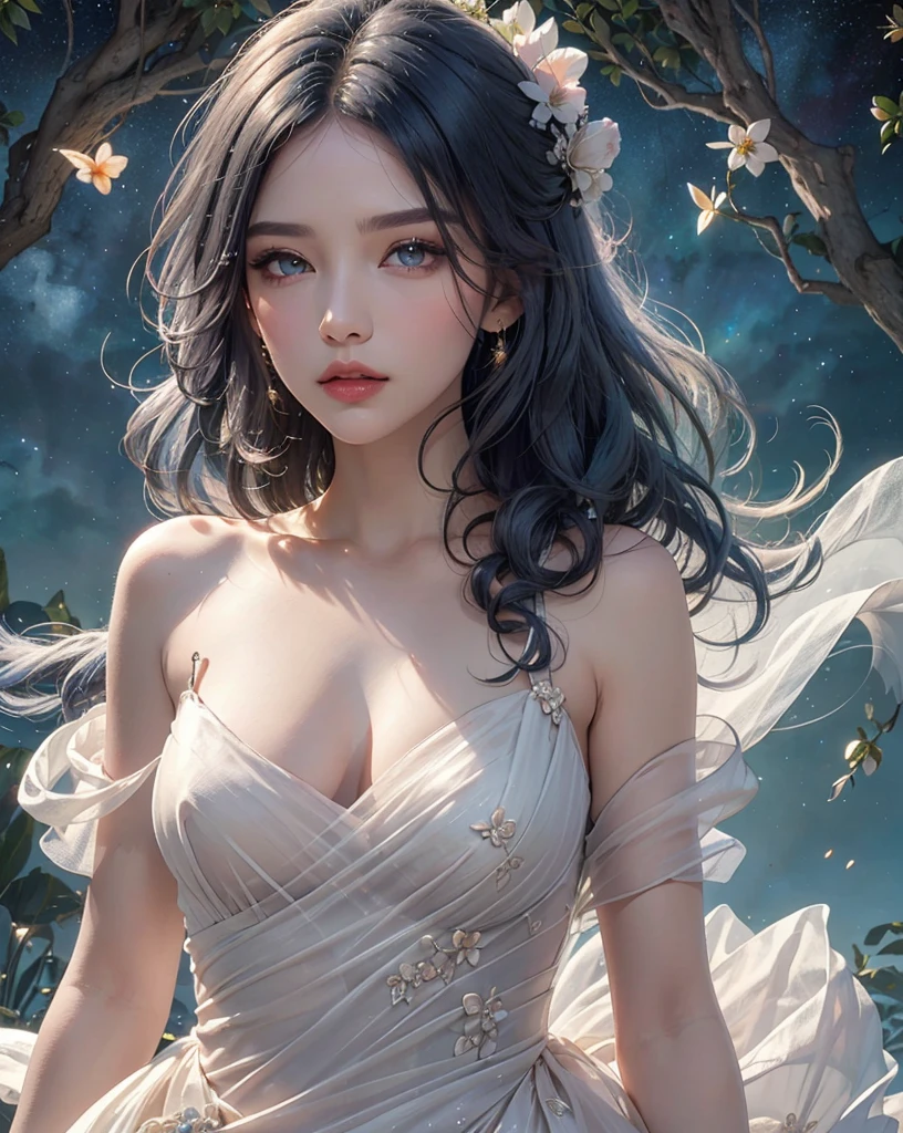 1girll,blossoms,Lixian flower,in the style of light pink and light azure,Dreamy romantic composition,pale-blue,ethereal foliage,playful arrangements,fanciful,softness,Ink strokes,blasts,over exposure,Blue and red tone impression,abstracted,((Watercolor by John Berkey and Jeremy Man))Brush strokes,full bodyesbian,Style Artgerm, ((cleavage)), Gorgeous background, (RAW photo:1.2),