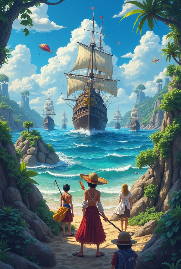 Recreates the scene of Christopher Columbus arriving in America with his three ships, the girl paints it and the santa maria, but from the perspective of an indigenous child in indigenous clothing who points to the boats with his finger as he watches them approach the beach, There is a storm at sea and everything is dark and gloomy, On the beach there are several indigenous objects scattered, There is a lot of jungle around...
