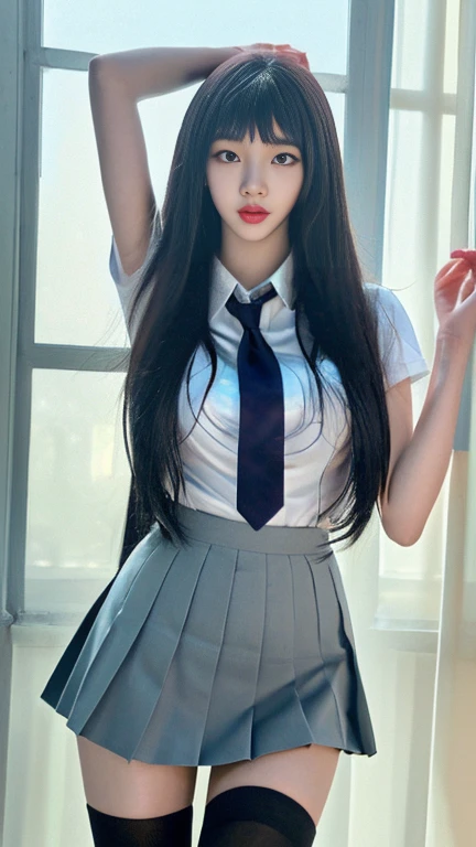 Beautiful girl, black hair, big breasts, wear a university student uniform.wear a shorts skirt,wear short stockings,kneeling,in the classroom.