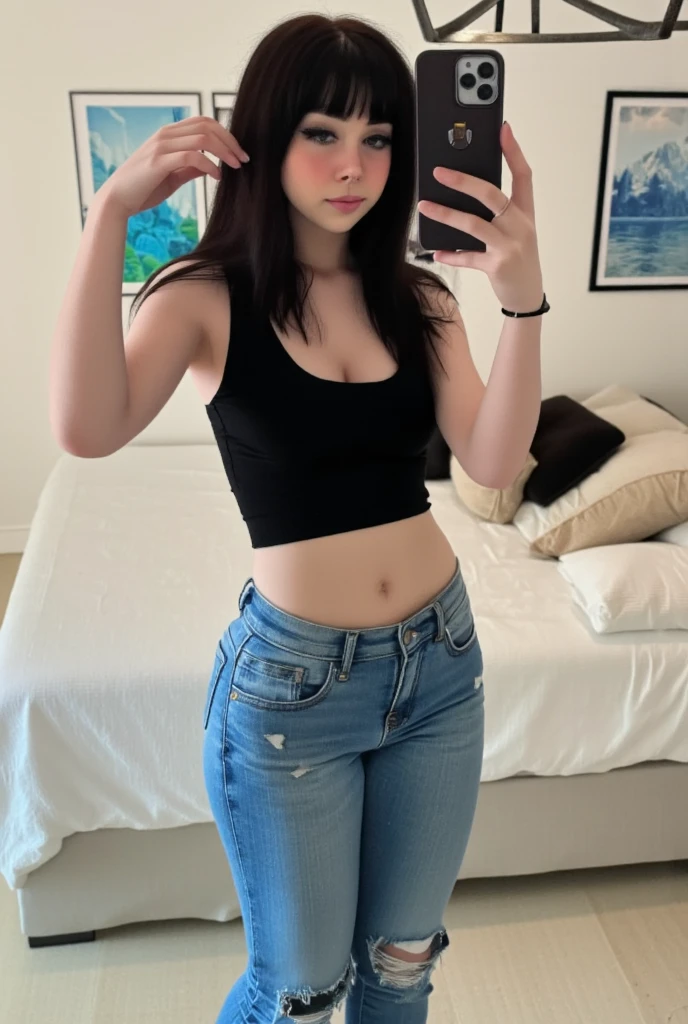 a photo of haylee.
A selfie of a goth woman with long hair, , and black eyes, dressed in jeans and crop top. , goth Girl