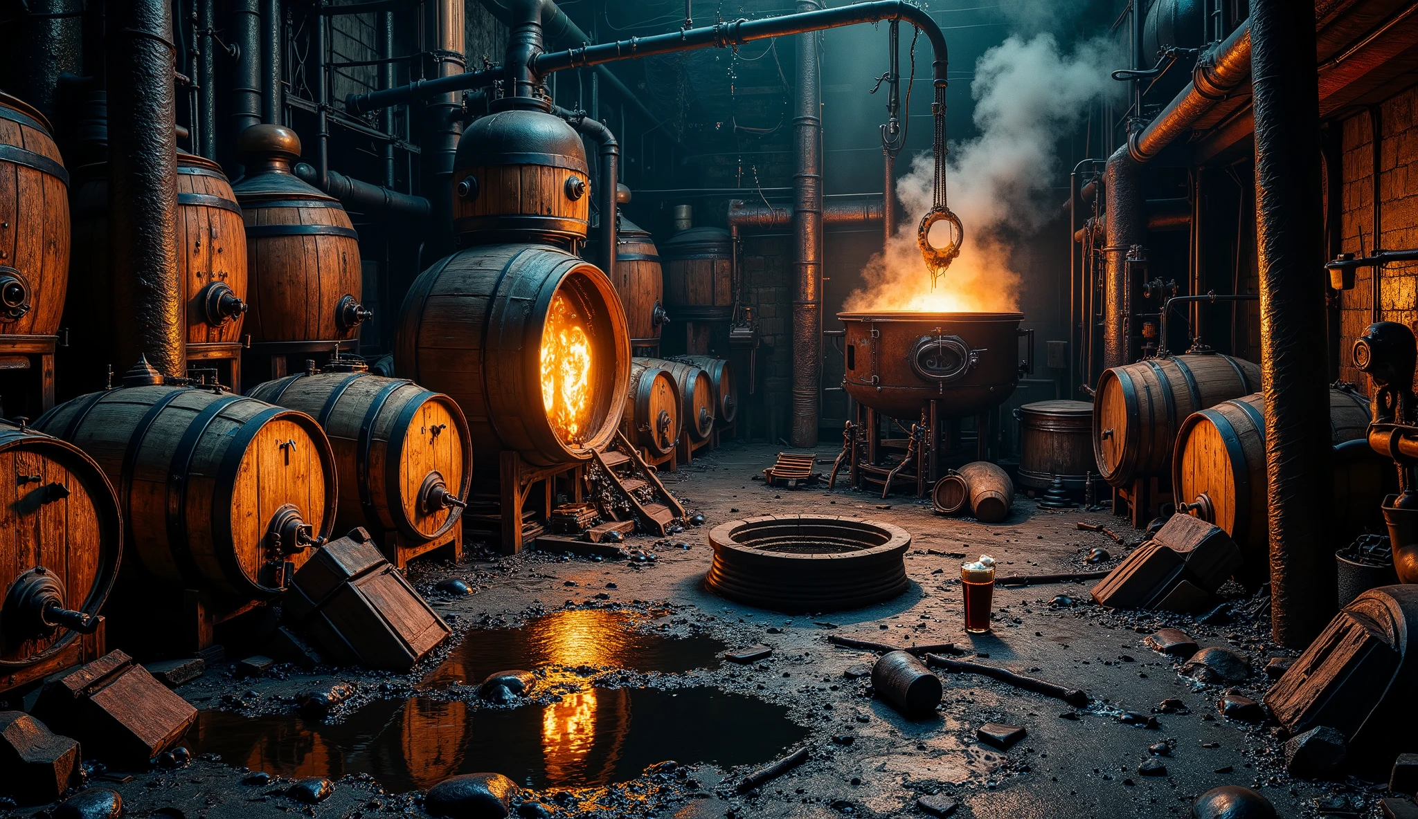 an arcane medieval ritual for the production of craft beer. The image must have several wooden barrels, fermentation tanks and boiling cauldrons. It must be a dark and mysterious image, Dark fantasy style. There must be something scary too. The beer brewed is a dark beer as thick as oil and it must be leaking all over the ruined brewery.