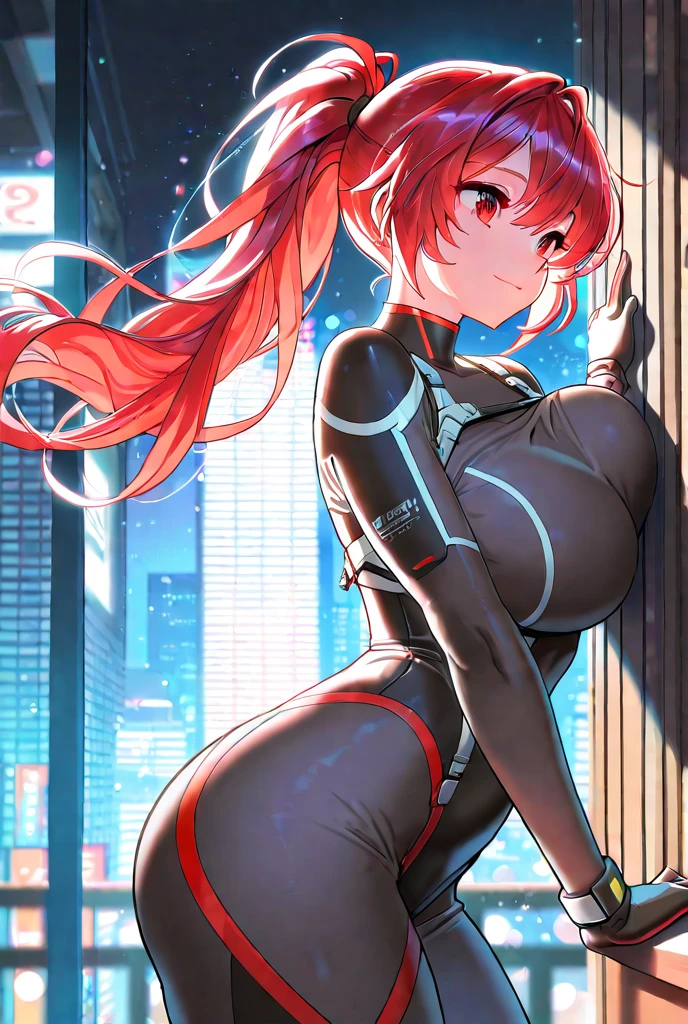 (tronwear:1.2), ponytail, (cityscape:1.2), outdoors, gigantic breasts, smile, looking at viewer, wide hips, (leotard, neon trim), white trim, <lora:tron:0.6>, <lora:Leirix2-10:0.6>, <lora:hyperfusion_279k_64dim-LoCon-v6:1>
