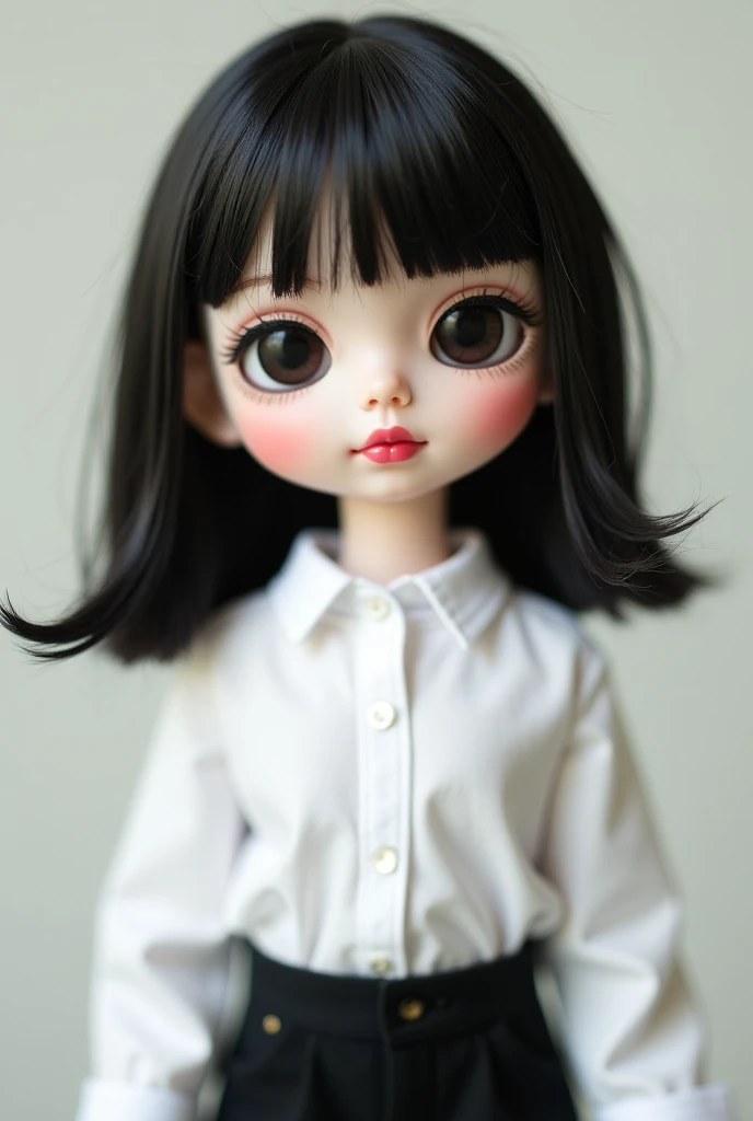Blythe doll Layered, short hair with half bangs, small black eyes and medium white skin color