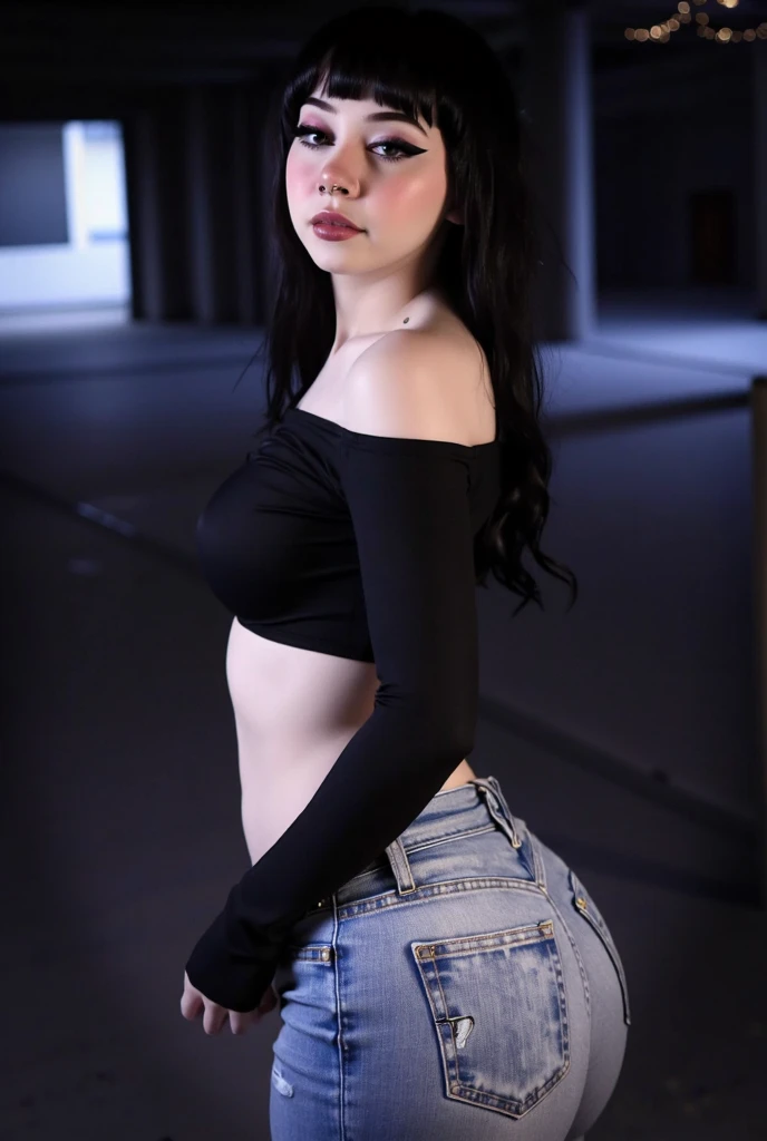 8K, Top Quality, Intricate Details, Ultra Detail, Ultra High Resolution, Masterpiece, close up shot, shot from behind, (Looking back), standing, Slender, Smile, blue hair, (Makeup: 0.4), (Fluffy red Eyes: 1.21), red eyes, 1girl, solo, 1 girl, (( full body)), close up shot, ((Black hair, long hair)) , ((tall)), (((fit body))), (((slim face))), sharp face, )), (detailed face), sharp face, small lips, up ,
((open vest, nak detailed face, detailed breast, e breast, huge b detail ass, Waist, Skinny,Muscular, , Pointed Chest, detail ass,large ass , Beautiful gir Bust BotoBig, Perfect Body, detail leg, (( dark background)), black background,