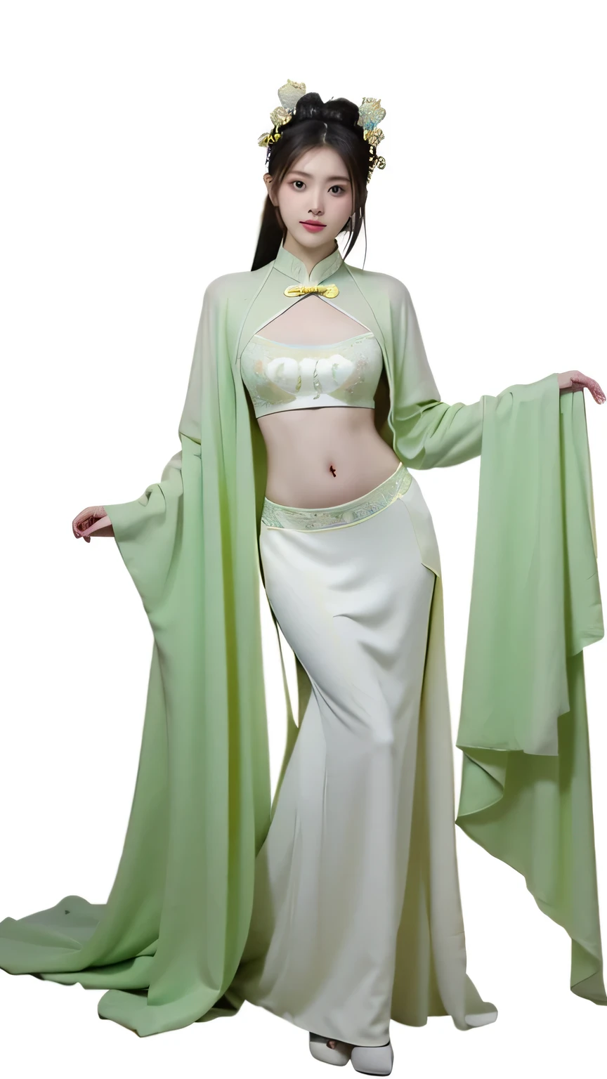 beauty,sexy,cute,Chinese fashion color matching costume girl(Clothes are full of details,Transparent design ,belly button),身材丰满cute,Cultivation style,full body,sexy站立姿势,white studio background