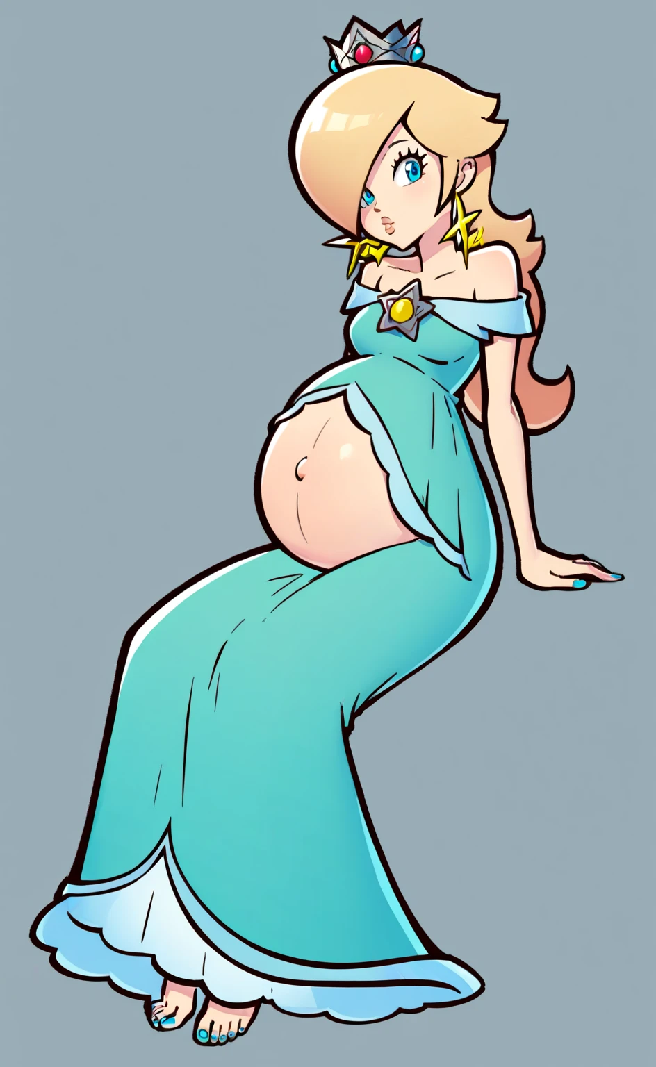 blonde hair, rosalina, 1girl, solo, dress, crown, blue eyes, star earrings, looking at viewer, sitting, barefoot, style parody, blue toenails, pregnant belly