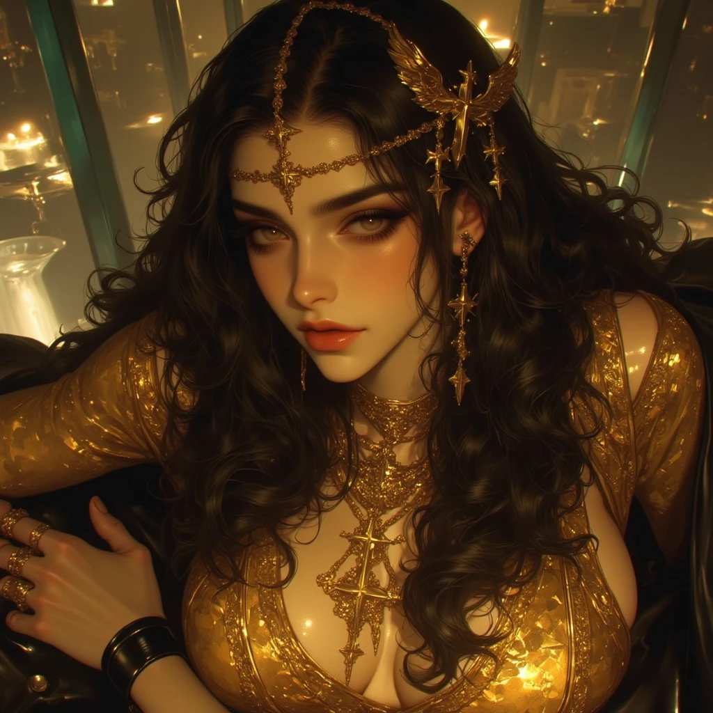 The goddess of gold and time, with a beautiful face and her fierce blue eyes pair with her wavy long dark blue hair cascades in her waist and her even white skin tone with her golden dress and gold accessories around her body, a pointy nose and a face with fierce eyes but calm face at the same time, standing beside a big clock and golds in her hands, she’s tall and represents a body shape with big boobs and big butt, holding alot of golden objects.