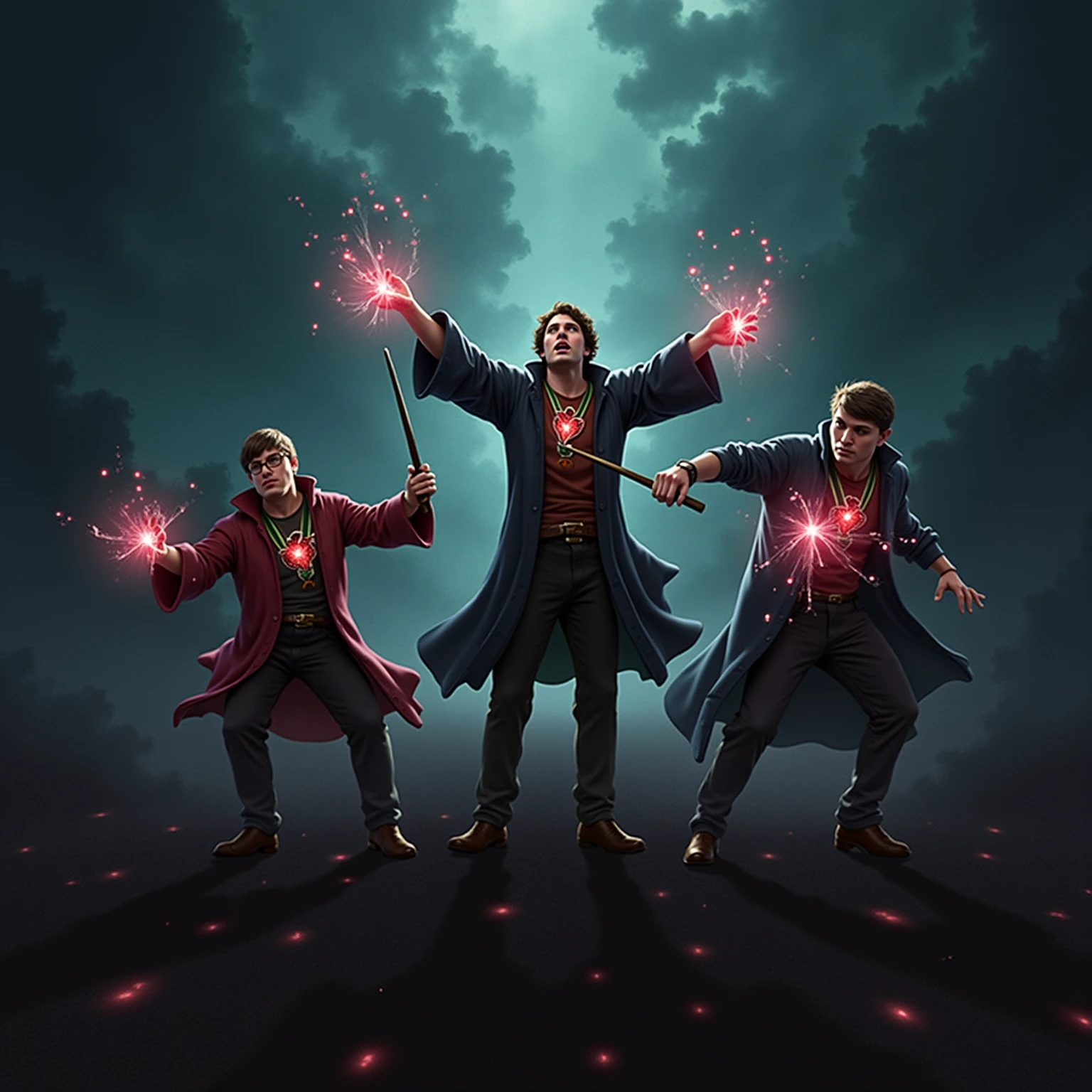 wizard battle on right side bad guys with green magic and on left good guys with red magic, by HarryPotterStyle