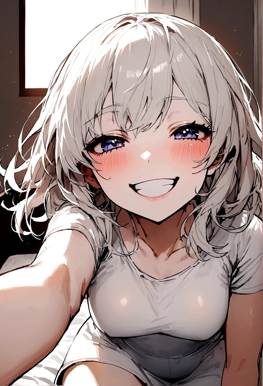White tight shirt、White tight skinny mini skirt、bed、smile、Short sleeve、high resolution、Korean idol face、double eyelid、White teeth、Medium Hair