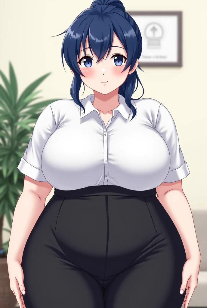 1girl, solo, black hair, blue eyes, milf, middle aged, mommy, (massive sagging breasts:1.0) transparent white blouse and black office skirt and black pantyhose, kitchen, looking in distance, thinking