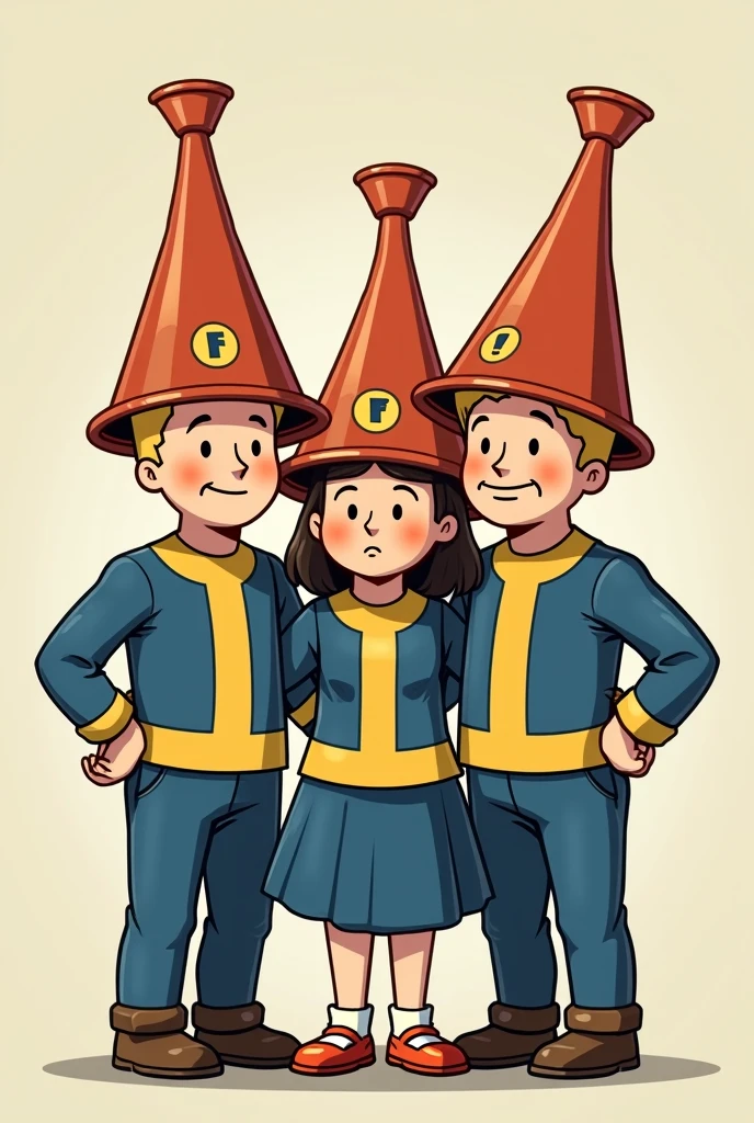 Je voudrais une image avec deux vaut boy avec un entonnoir sur la tête , entourant une vault girl avec un entonnoir sur la tête , les trois se tenant par les épaules l'air imbécile