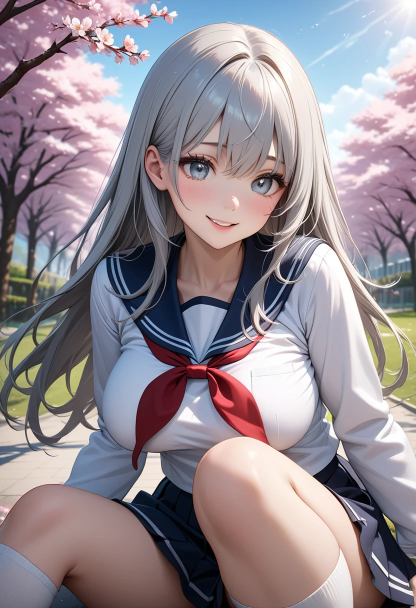 hair ornament, very long hair, japanese clothes, professional artwork, Intricate Details, field of view, sharp focus, detailed painting, photorealistic lighting, trending on pixiv, Standing at attention, ((school girl, summer school outfit)), ((large breasts:1,3)), Beautiful body,Beautiful Nose,Beautiful character design, perfect eyes, perfect face, looking at viewer, SFW,official art,extremely detailed CG unity 8k wallpaper, perfect lighting,Colorful, Bright_Front_face_Lighting, (masterpiece:1.0),(best_quality:1.0), ultra high res,4K,ultra-detailed, photography, 8K, HDR, highres, absurdres:1.2, Kodak portra 400, film grain, blurry background, bokeh:1.2, lens flare, (vibrant_color:1.2), shikkoku_yorihime, (happy smile, cheers), ((looking at viewer, front body pose))