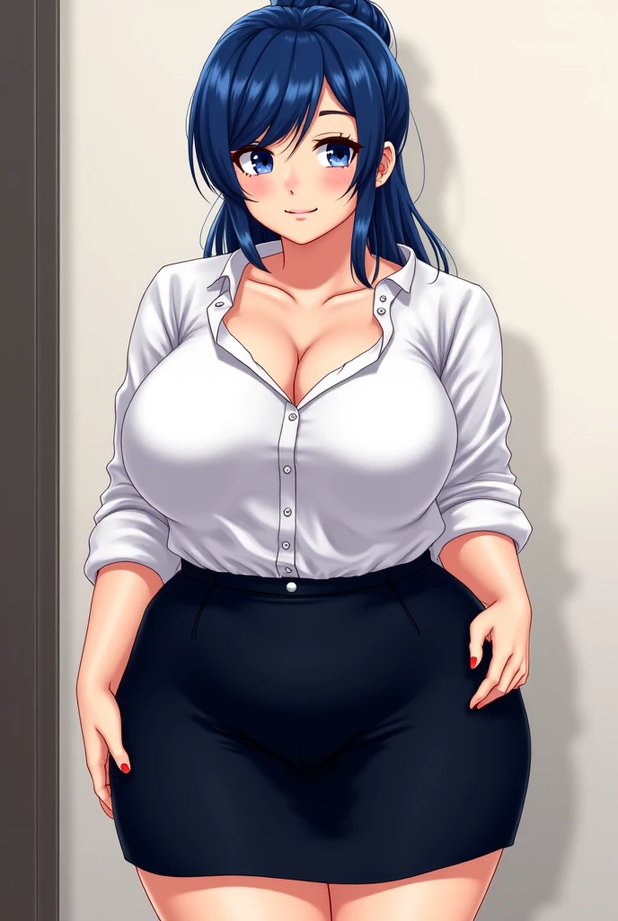 masterpiece,best quality,1girl,solo,mlprarity,colored skin,hair ornament,messy hair,purple hair,blue eyes, white shirt, grey jeans, (bellybutton:0.5), arms behind back, full body, smile, gigantic breasts, wide hips