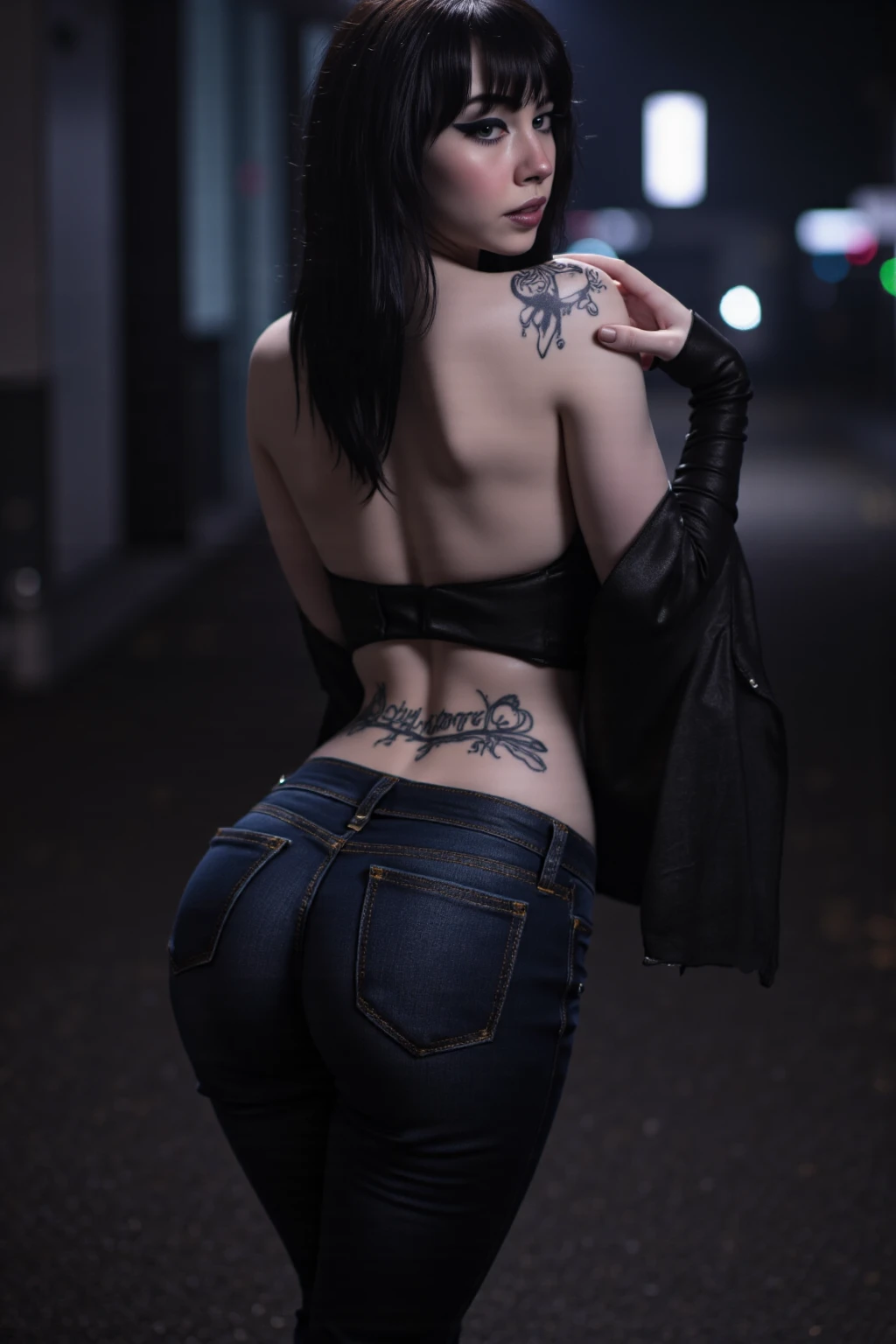 There are people, a sexy teenage girl, realist,Whole body, short black hair, delicate and messy,high bangs, The scene, delicate skin, detailed body, flat stomach, Wide hips, thick thigh, Wide hips, Long line tattoo on the ass,attractive body, is coming, thick thighs, , Natural skin texture, thin abdominal muscles, The skin shines, wet skin, wet, oily skin, , high contrast, realist skin, skin pores , intricate details, with black background, high contrast, realist skin, skin pores, intricate details, RAW Photos, bright lips, delicious lips, pretty nose, realist rendering, Immersive atmosphere, contrast of lights and shadows, moodily, , realist skin, skin pores, femme fatale lady, ((Best Quality)), ((masterpiece)), ((realist,Digital art)), (hyper detailed), magical,, ,deep water,bioluminiscencia,