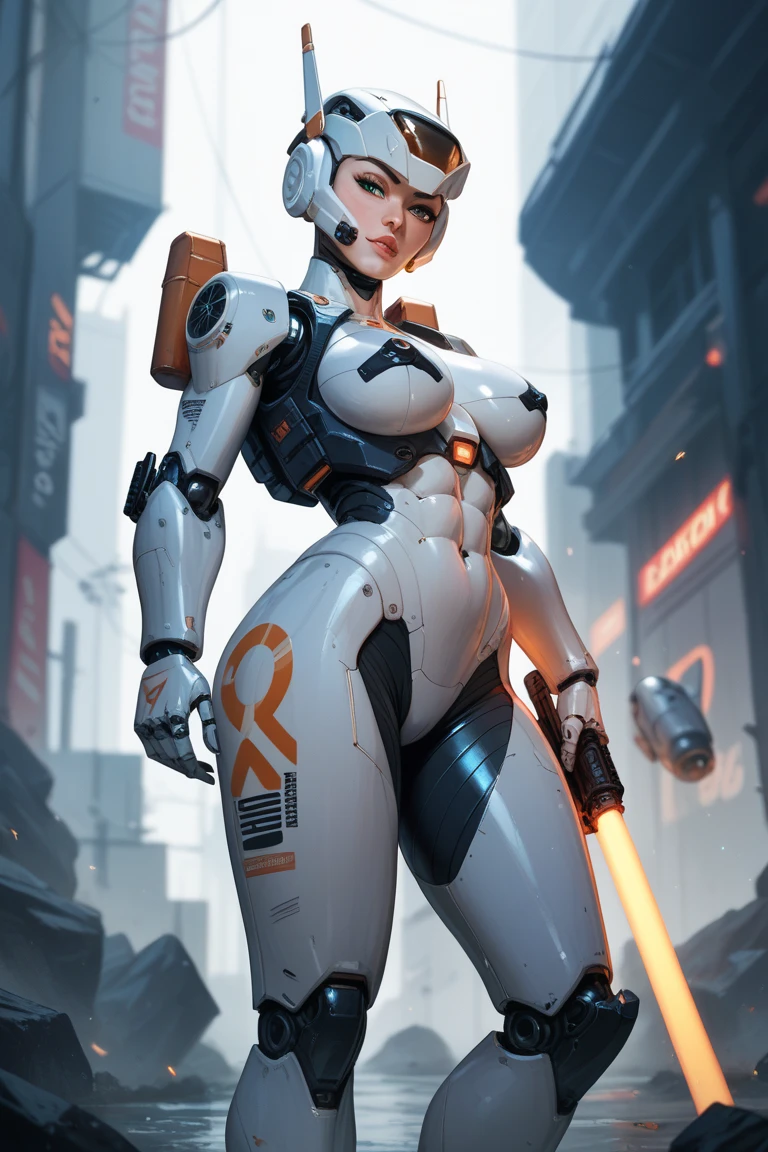 Woman body defined thick thighs cybernetic body parts, short underwear