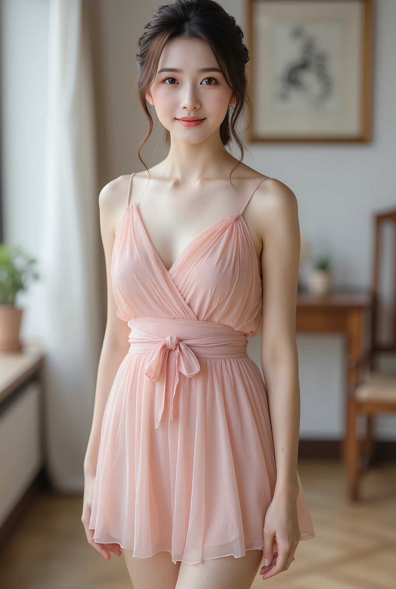 A full body picture of a 20 years old japanese woman with thick lips, show armpit, brown hair, huge lips , thick thighs, detailed face with black eyes. Full body, small waist, smile, pink dress, standing on floor,