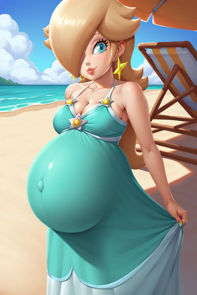 score_9, score_8_up, 1girl, solo, rosalina, style parody, thick outlines, bikini, panties, pregnant belly, big belly, sleeveless, strapless, cleavage, indoors, beach, black nails, complete body, perfect, blue nails,