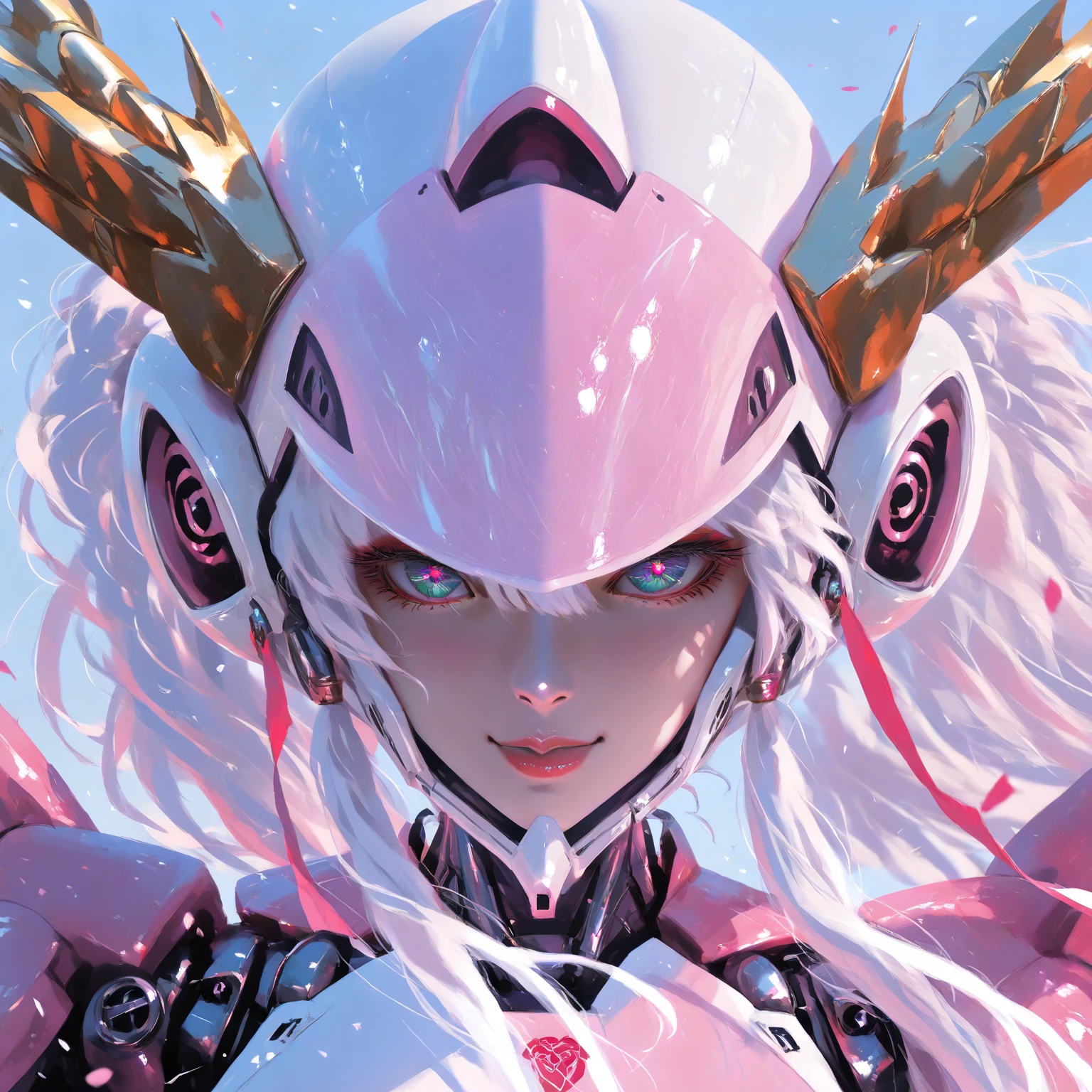  giraffes with pink and white hair and a pink and white helmet,  detailed digital anime art , best konachan anime wallpaper 4k,  aesthetic anime wick , Highly detailed 4K digital art, Female dragon head mecha robot, WLOP and Krenz Cushart,  highly detailed anime , Aesthetic lock,  advanced digital anime art 