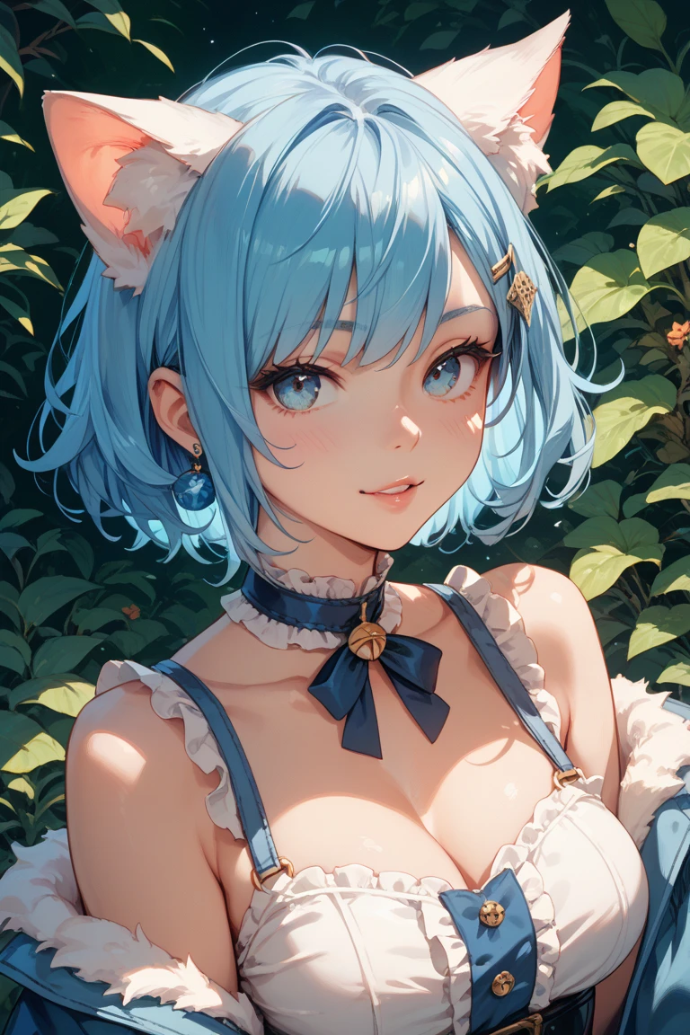 (masterpiece:1.3), (best quality:1.3), high resolution,
couboy shot,
leaning forward, body facing forward,
(one cute girl:1.3), solo,
white skin, small Breast, eight-headed person,
light blue hair, (bobbed hair:1.2), (short hair:1.2), (blunt bangs:1.2), beautiful hair, blue eyes, beautiful detailed eyes,
blush, open mouth, heart, cheerful smile,
cat ears, frill, black dress, earrings,
outdoors, flower garden, natural park,
shadowlighting,