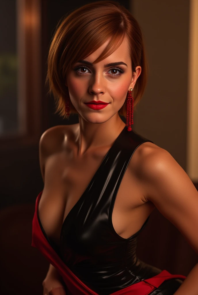 Emma Watson, cinematic photo, joanna dark, short hair, red hair, blonde hair, blue eyes, false lashes, cat eye liner, mujer, realista, a woman Shot putwearing a sexy swimsuit taking a bath inside an outdoor jacuzzi, de buen tono, 35mm photography, movie, bokeh, profesional, 4k, muy detallado, chilling, inside a black luxury jacuzzi, bathing, wet, wet body, outdoor jacuzzi, luxury mansion in Los Angeles, modern mansion porch, at night, closeup, close up, de cerca, bokeh