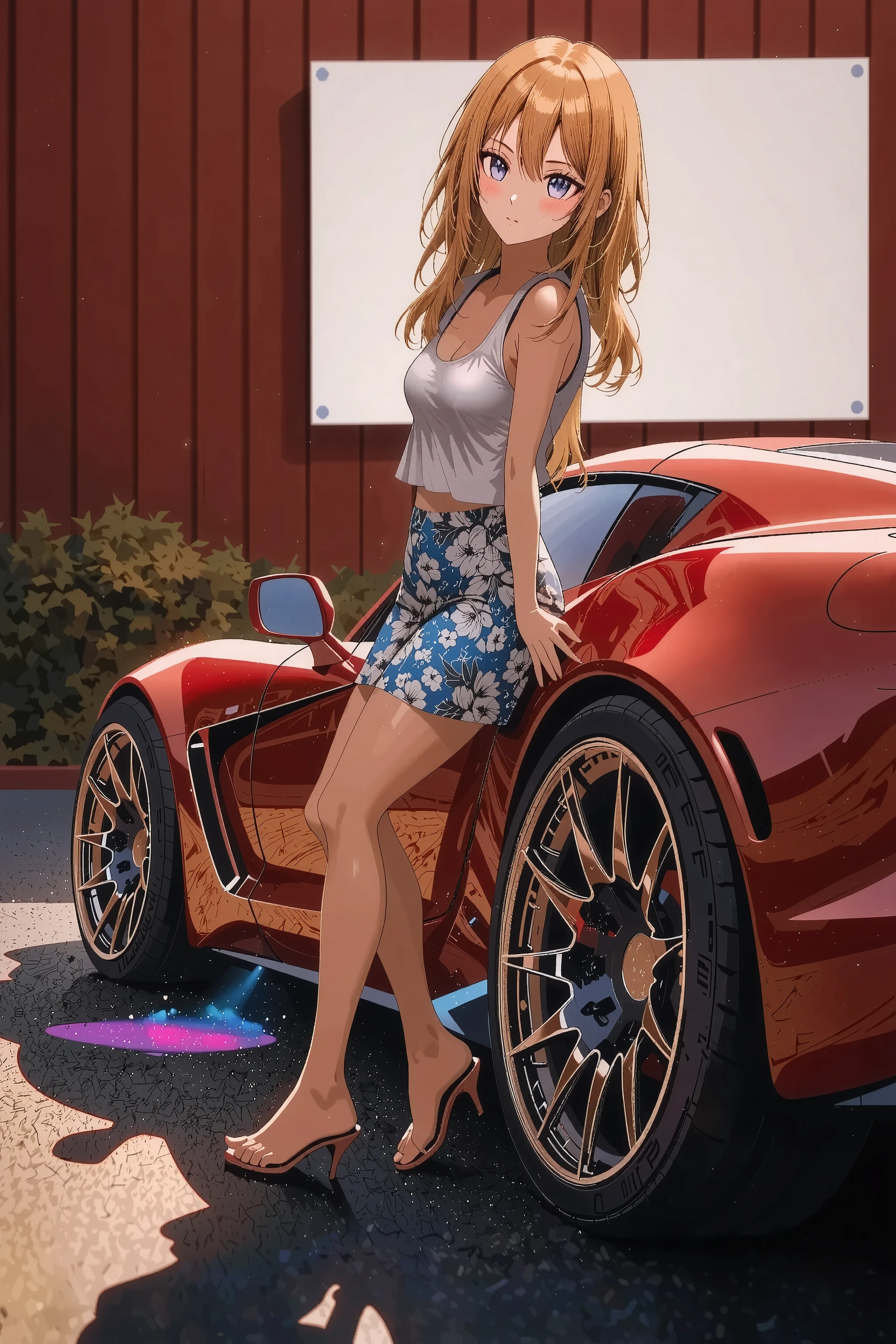 Beautiful Woman Standing Next to Her Tuned Mazda RX7、 Wide Body Kit 、 Deep Rim Aluminum Wheels 、positive camber、、 matte brown skin 、 of the best quality, movie light effect, Stance Nation 、yellow hair