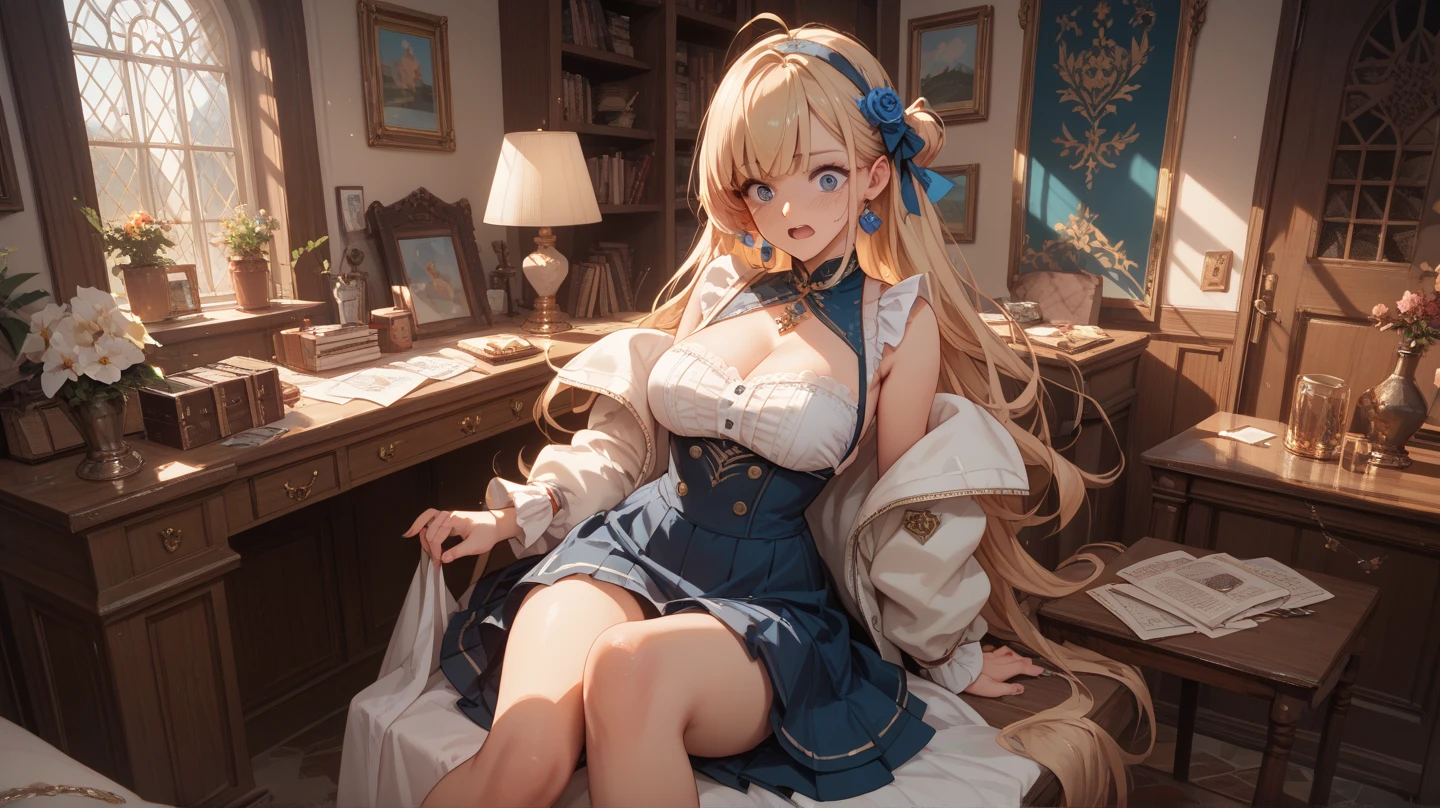 masterpiece, top-quality, 1girl in,Fluffy skirt、Raw feet、atlibrary、big breast beauty、I'm showing my pants、bra very、alice in the wonderland、a blond、a blue dress
