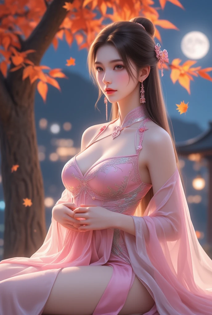 ((highest quality)), ((masterpiece)), (detailed: 1.4), 3D, beautiful cyberpunk woman image, HDR (high dynamic range), ray tracing, NVIDIA RTX, super resolution, unreal 5, Scattered beneath the surface, PBR texture, Post-processing, anisotropic filtering, Depth of bounds written, maximum sharpness and sharpness, multilayer texture, Albedo and highlight mapping, surface coloring, Accurate simulation of honey-material interactions, perfect proportions, octane rendering, two color light, Large Diameter, Low ISO, White balance, Normal 3 points, 8K students, beautiful bright pupils, flowing robe, delicate face and eyes, long eyelashes, fluffy hair, pink lips, Pure, cute, cleavage、Angle from above、stardust、Sparkling snow is falling、thighsが見えている、forest bathing、daytime、new year pink kimono、Fancy embroidery、thighs