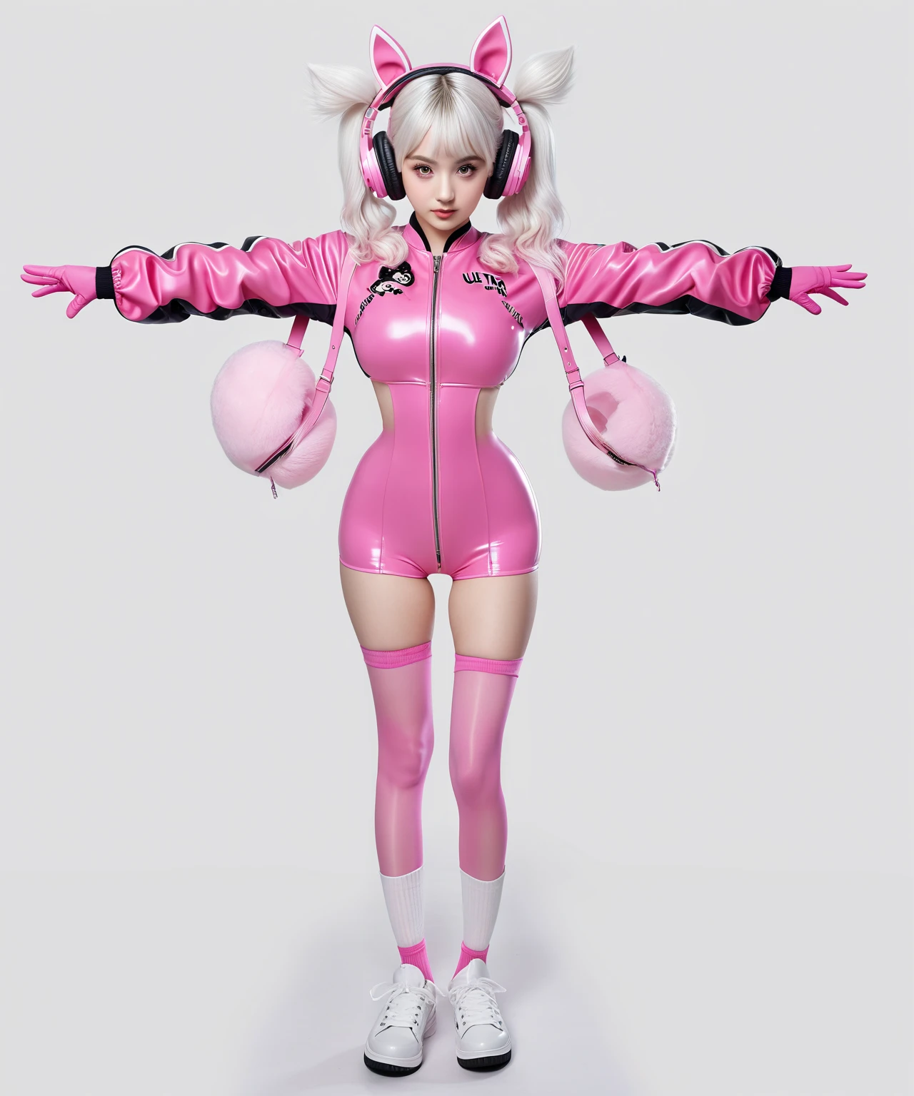(1beautiful girl), 18 year old, pink bob cut hair, beautiful fingers, smile, white and vivid pink vinyl jacket, large size jacket, ninja artist、beautiful hands, futuristic cyberpunk clothes、black vinyl pants、vivid pink vinyl boots、standing, just the Front view、full body, concept art, ((Simple white background))