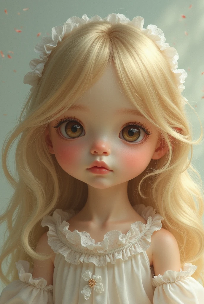 a blonde girl, with blushing cheeks, dressed in a white dress and an innocent face