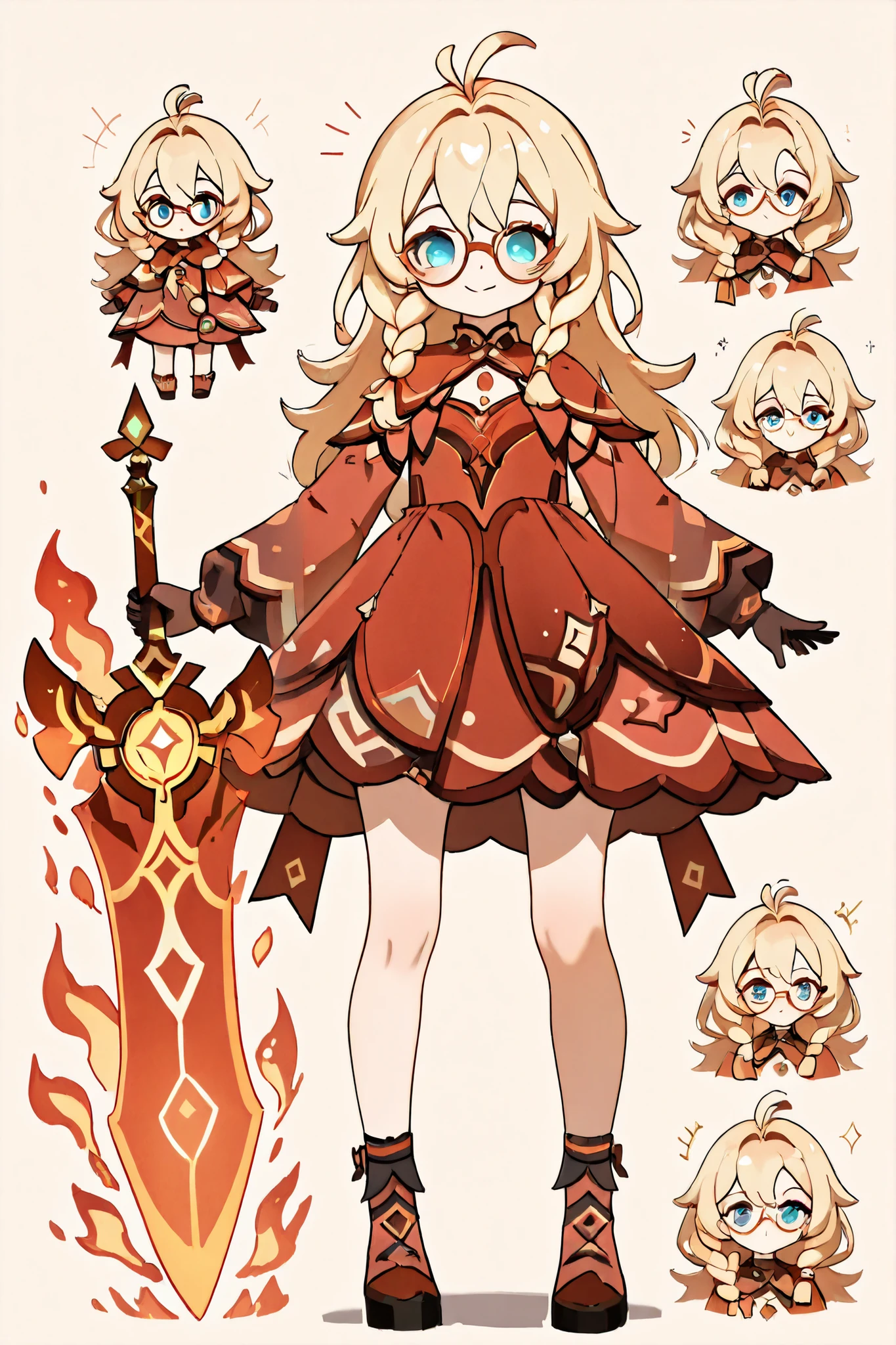 Mavuika Daughter, (Genshin Impact), little cute girl, full view, Azul eyes, blonde short air with 2 braid, smiled, little, cuddy cheeks, elegant Natlan red dress (Red Witch), glasses, have a giant fire sword phenix, smiled, Vision Pyro, full body (more detailed), no background, charge aura flames of her mother 
