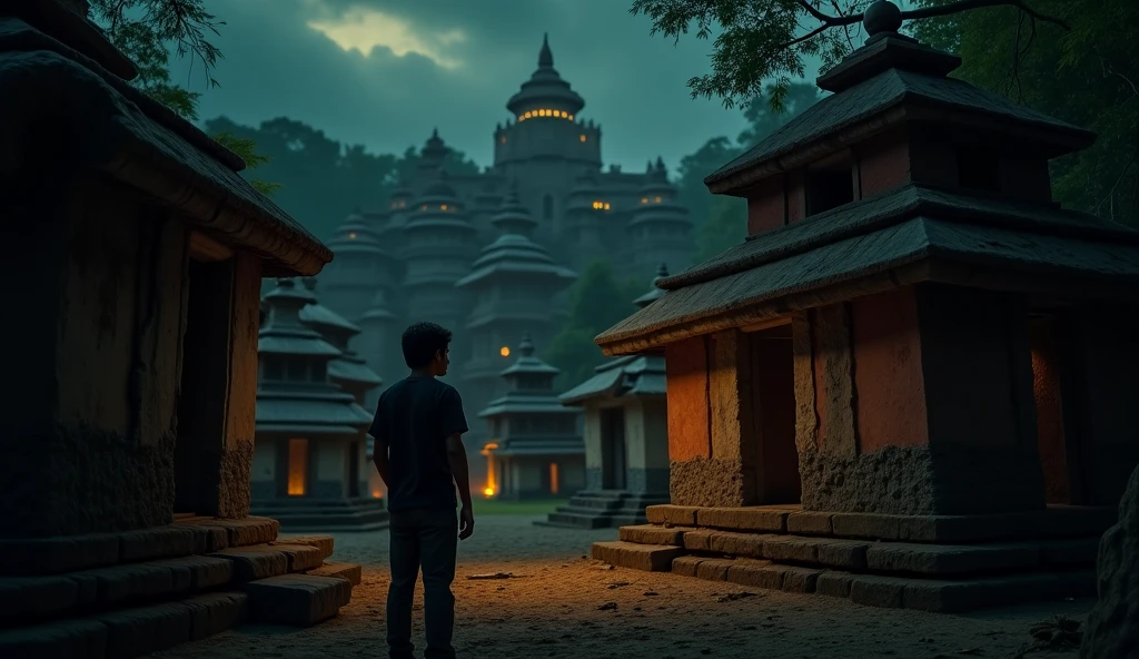 One man stand behind temple,temples have alot of tree