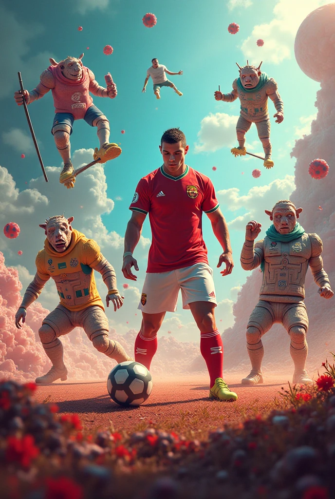Make the Joker in the Atletico de Madrid stadium with the Atletico de Madrid shirt and have him with Winnie the Pooh with the Barcelona shirt and this Deadpool interviewing him