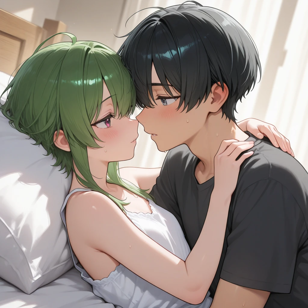 Amazing portrait of a sexy and woman wearing a black and white striped t shirt and a dark green skirt kissing and making out passionately with a shirtless boy on the bed in an intimate setting