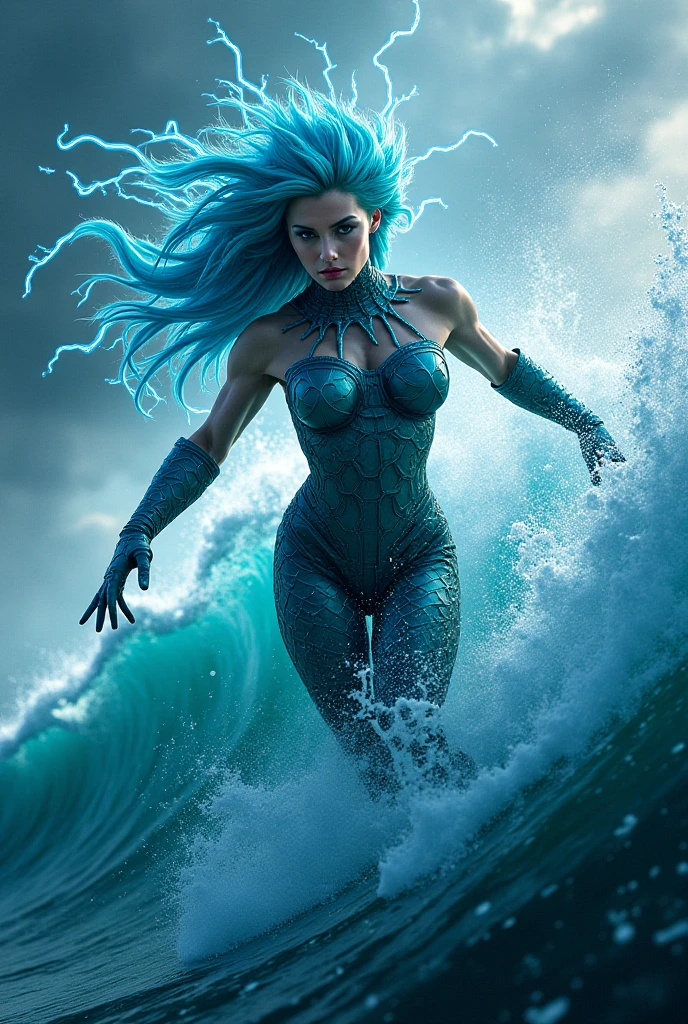 superheroine, long long gorgeous light blue hair, slender body, latex, leotard, blue and white costume, after captured, ((bondagd, chained, hands bihind back)), (crushed), over dark water, ((heavy water)), dark undersea distorted, cruelly, (painful), helpless, (screaming in pain), eyes closed, holding on, crouching, gritting teeth, squirming, suffering, (lying face down), ((chest pressing to ground)), hair swaying in water, in deep undeasea, bottom of sea