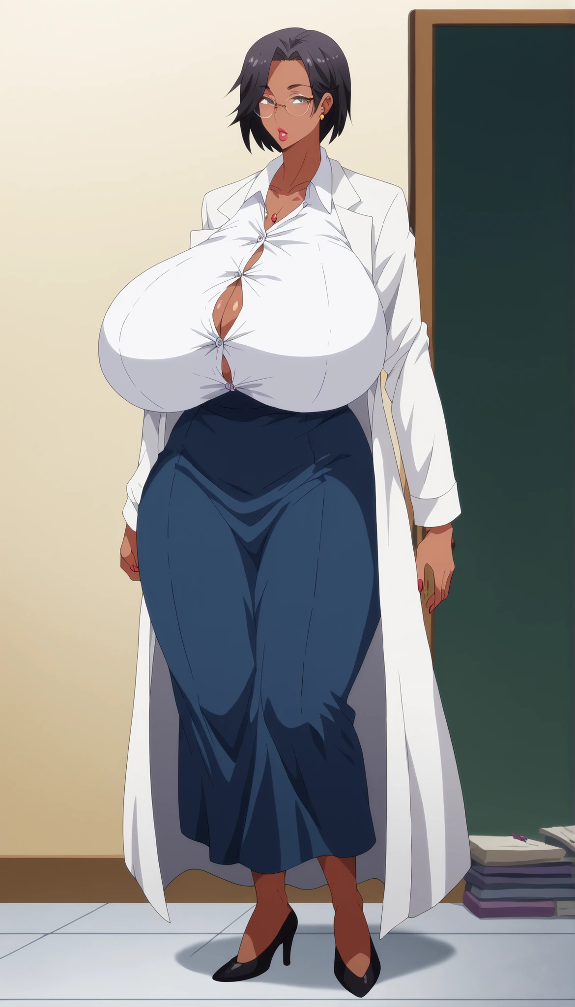 seductive face, Big fake lips, score_9, score_8_up, score_7_up, score_6_up,(masterpiece, best quality, high detailed, 8k, 32k, uhd:1.2),Cowboy shot,fine features,(materpiece), highres, realistic,scenery, full body, Anatomically correct Milf, full body, Anatomically correct, middle aged Brazilian woman, high cheekbones, up turned nose, middle parted bob hair, sleek hair, pixie bob haircut, BBW, big perky lips, glossy lips, tall, curvaceous, wide hips, massive breasts, huge ass, milf, white lab coat, button up shirt, tight pants with bell bottoms, round glasses, tan skin, fully clothed, HyperSag, huge breasts, gigantic breasts, modeling, lips bimbo,score_9, score_8_up, score_7_up, score_6_up, score_5_up, score_4_up, 1 woman, (huge breasts: 1.4), {{{Masterpiece}}, {{{Hyper Detailed}}}, {{{best quality}}},score_9, score_8_up, score_7_up, score_6_up, score_5_up, score_4_up, 1 woman, (huge breasts: 1.4), {{{Masterpiece}}, {{{Hyper Detailed}}}, {{{best quality}}}, care center background, #Anime #Style