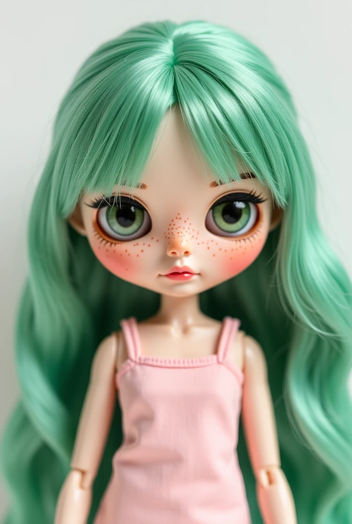 Blythe doll, split hair color-mint green hair and dark brown hair, micro bangs, medium hair, straight hair