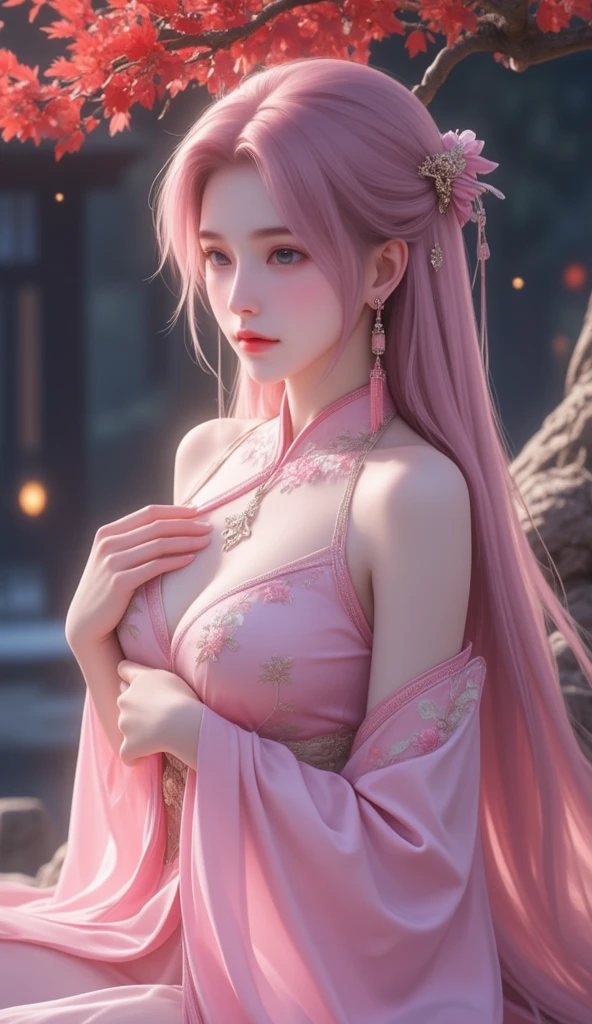 shenzi,1girl,long hair,pink hair,purple eyes,very long hair, Korean 27 years old woman, hair_ornament,pink kimono, (masterpiece, best quality:1.2), 1girl, solo, ((off shoulder clothes)), In the depths of Wonderland,The moonlight falls like water,foggy room,The figure of the heroine is vaguely visible,Just like the fairy in the painting,Slender sexy legs,Very nice legs,Leaking sexy legs,Big breasts,Beautiful with a hint of mystery。Her face is beautiful and delicate,Like finely carved jade,Showing otherworldly beauty。The eyebrows are picturesque,The waves in my eyes are like twinkling stars,Show the light of perseverance and wisdom。The bridge of the nose is straight,Lip color like cherry,The slightly raised corners of the mouth reveal confidence and calmness。Her face is well defined,The skin is as fair as jade,Reveals a healthy glow,Just like a fairy, she never eats fireworks in the world。Her makeup is light and delicate,Not too much embellishment,But enough to show her temperament and charm。Light-colored foundation brings out the transparency of the skin,A light eyebrow pencil outlines her perfect eyebrow shape,Eye makeup is eye shadow and eyeliner,Make her eyes brighter and more energetic。Lips painted with grace lipstick,Adds a bit of charm and sophistication。Her clothes are graceful and chic,Clothes flutter,It seems like it will be blown up by the wind at any time,drifting into the distance。Without losing grace,Also showed her extraordinary skills。Rocking with her movements。Her hair is tied back casually,Secure it with a hosta,A few strands of hair are fluttering gently in the wind,Adds a bit of softness。Her figure is looming in the fairyland,Like a big breastsbeautiful landscape,attracted everyone's attention。She seems to be a fairy in wonderland,big breastsbeautiful、grace、mystery、and full of power, perfect arms, perfect hands, perfect fingers, perfect legs