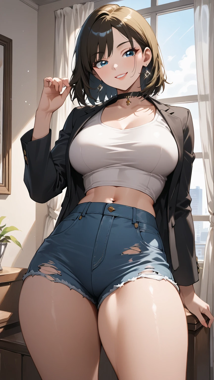 1girl, solo, girls frontline, blonde hair, short hair, red eyes, two buns, military headphones, black underwear(bra), ((gray t-shirt)), open neckline, choker, black shorts, ammunition on right leg, stocking on left leg, large breasts, leaning forward, postcard, simple background, low illumination, without shading