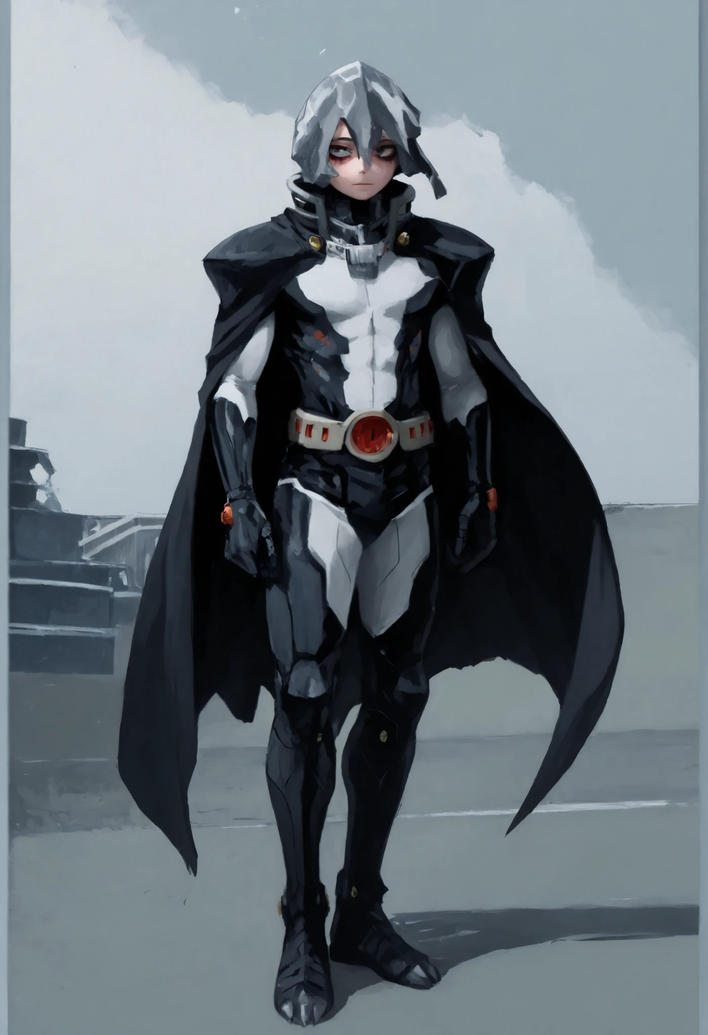 My Hero Academia style, Anime boy, eyes, young eyes, trend on Artstation Pixiv, (full body photo:1.5), head cover, hull, Face covering , Mascara, gray metallic hull, gray hull, metallic hull, hero costume, full body suit, black suit with black cape with studs, metallic gray elbow gloves, black knee boots, torso belts, perfect anatomy, Súper detallado,