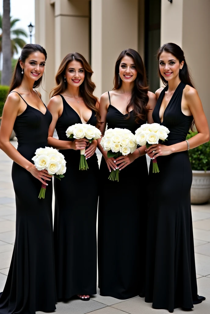 Realistic full body photo of a smiling brunette with long hair, She dances in front of the camera in a long A-line dress with straps made of shiny blue satin.., Park,glamour fotoshooting, Wedding celebration, perfect anatomy, perfect brown eyes. Perfect hands with 5 fingers on each hand, Matching girl, look into the camera, 1 Frau. (Eye make up:1.1), (highly detailed skin:1.1), spirit, analog style, keen focus, 8K UHD, dslr, good quality, Fujifilm XT3, Grain, Award-winning, masterpiece. Wedding celebration. The three women stand in the middle of a group of women and show their beautiful long dresses. Beautiful shoes