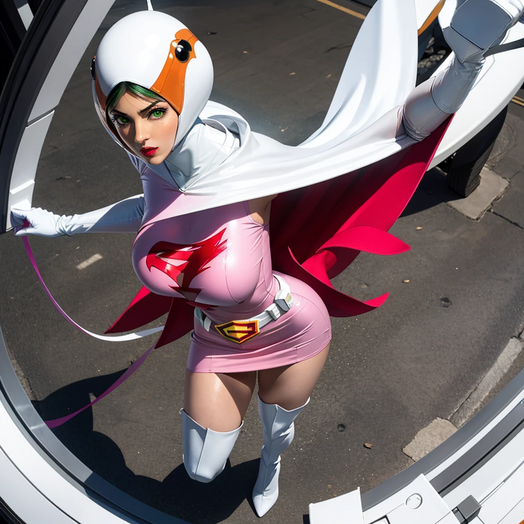 ANI_CLASSIC_jun_gatchaman_ownwaifu,1girl, 15yo,good anatomy, masterpiece, best quality,realistic, hyperrealistic, 16k hdr, long hair,breasts,green eyes,lips,large breasts,lipstick,makeup,gloves,cape,helmet,belt,elbow gloves,white gloves,mask,ultra miniskirt,leotard,spacesuit,white tight overknee highheels boots,pink dress,superhero,bodysuit,cleavage,erected nipples,(sexy pose,view from above),(spread legs:1.1),cameltoe