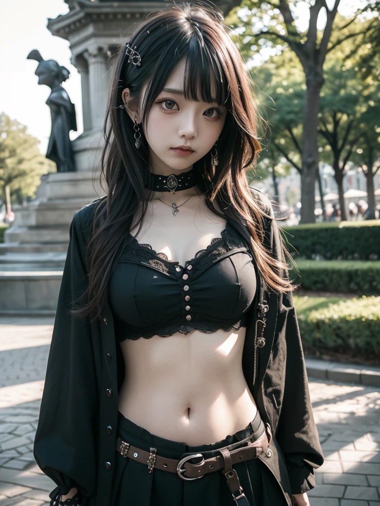Ultra high definition、High resolution、8k、Raw photo、1 beautiful age Japanese woman、Big beautiful eyeedium chest、Black semi-long hair、(Raver fashion:1.4), walking, (cowboy shot:1.2), nice angle, nice posture, (outdoor, town street)
