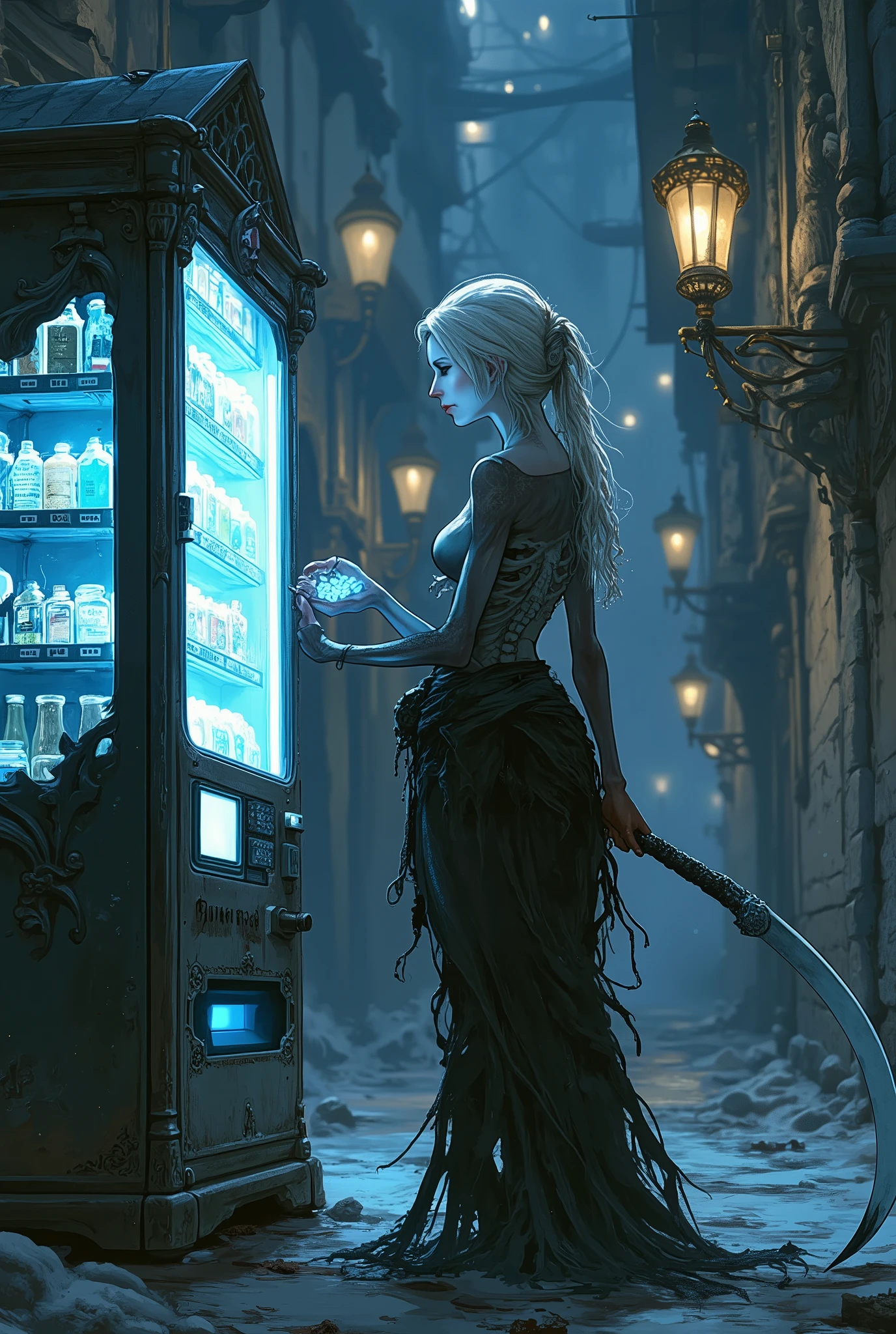 A gorgeous lady death (sexy woman, pale, pale hair, semi translucent body, skeleton visible through body, tattered black robe, large scythe), a resigned look on her face, she approaches a vending machine in a dark gothic city with intricate stone work and buildings adored with carvings, otherworldly mist, she is holding a coin purse counting out glowing blue souls for the vending machine, night time