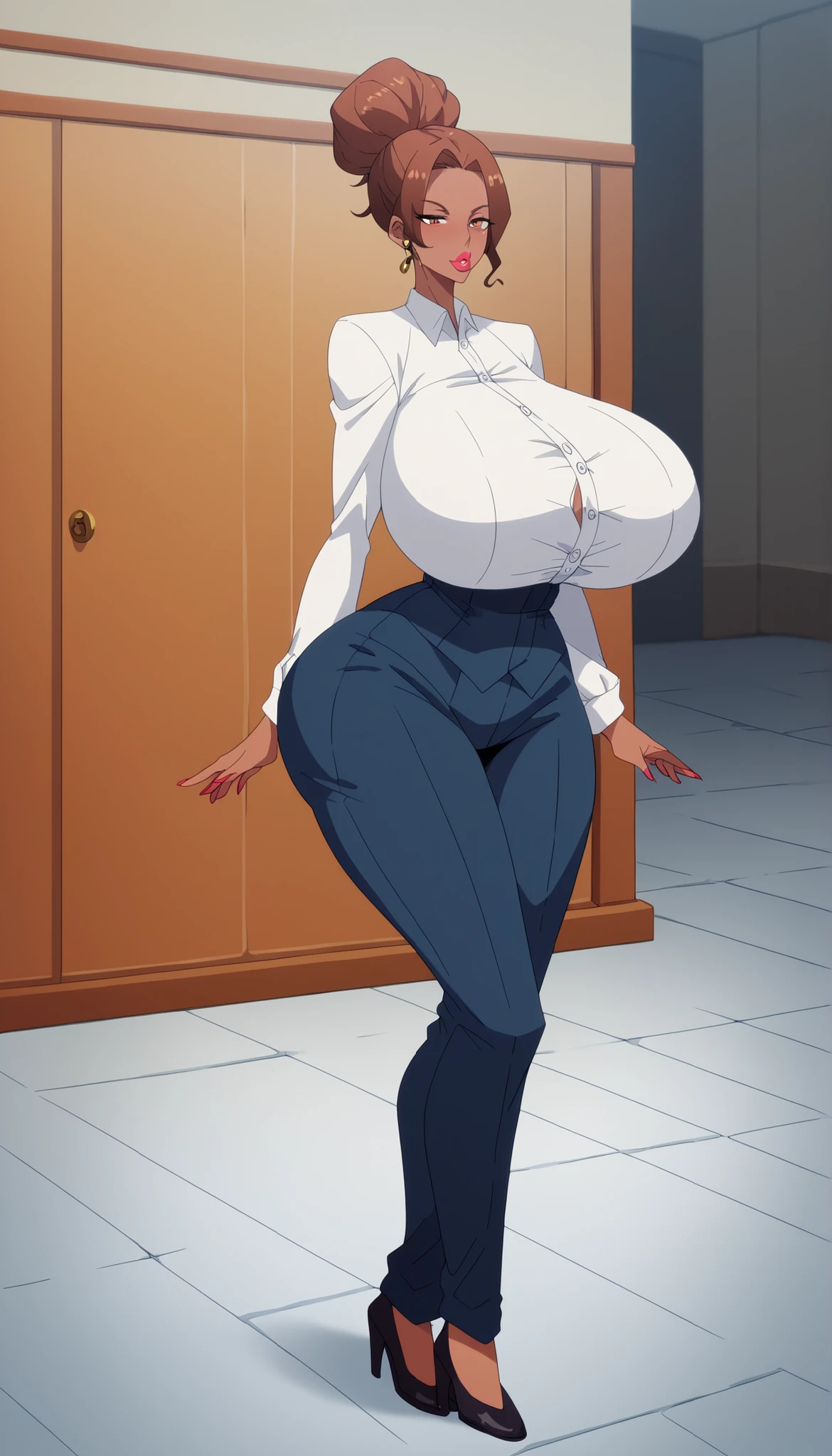 seductive face, Big fake lips, score_9, score_8_up, score_7_up, score_6_up,(masterpiece, best quality, high detailed, 8k, 32k, uhd:1.2),Cowboy shot,fine features,(materpiece), highres, realistic,scenery, full body, Anatomically correct Milf, full body, Anatomically correct, middle aged white woman, high cheekbones, up turned nose, sleek ponytail hair, white haircut, slim thick, big perky lips, glossy lips, tall, curvaceous, wide hips, massive breasts, huge ass, milf, dark office suit, pants, tan skin, fully clothed, HyperSag, huge breasts, gigantic breasts, modeling, lips bimbo,score_9, score_8_up, score_7_up, score_6_up, score_5_up, score_4_up, 1 woman, (huge breasts: 1.4), {{{Masterpiece}}, {{{Hyper Detailed}}}, {{{best quality}}},score_9, score_8_up, score_7_up, score_6_up, score_5_up, score_4_up, 1 woman, (huge breasts: 1.4), {{{Masterpiece}}, {{{Hyper Detailed}}}, {{{best quality}}}, office background, #Anime #Style, facing forward towards viewer, nagatiti