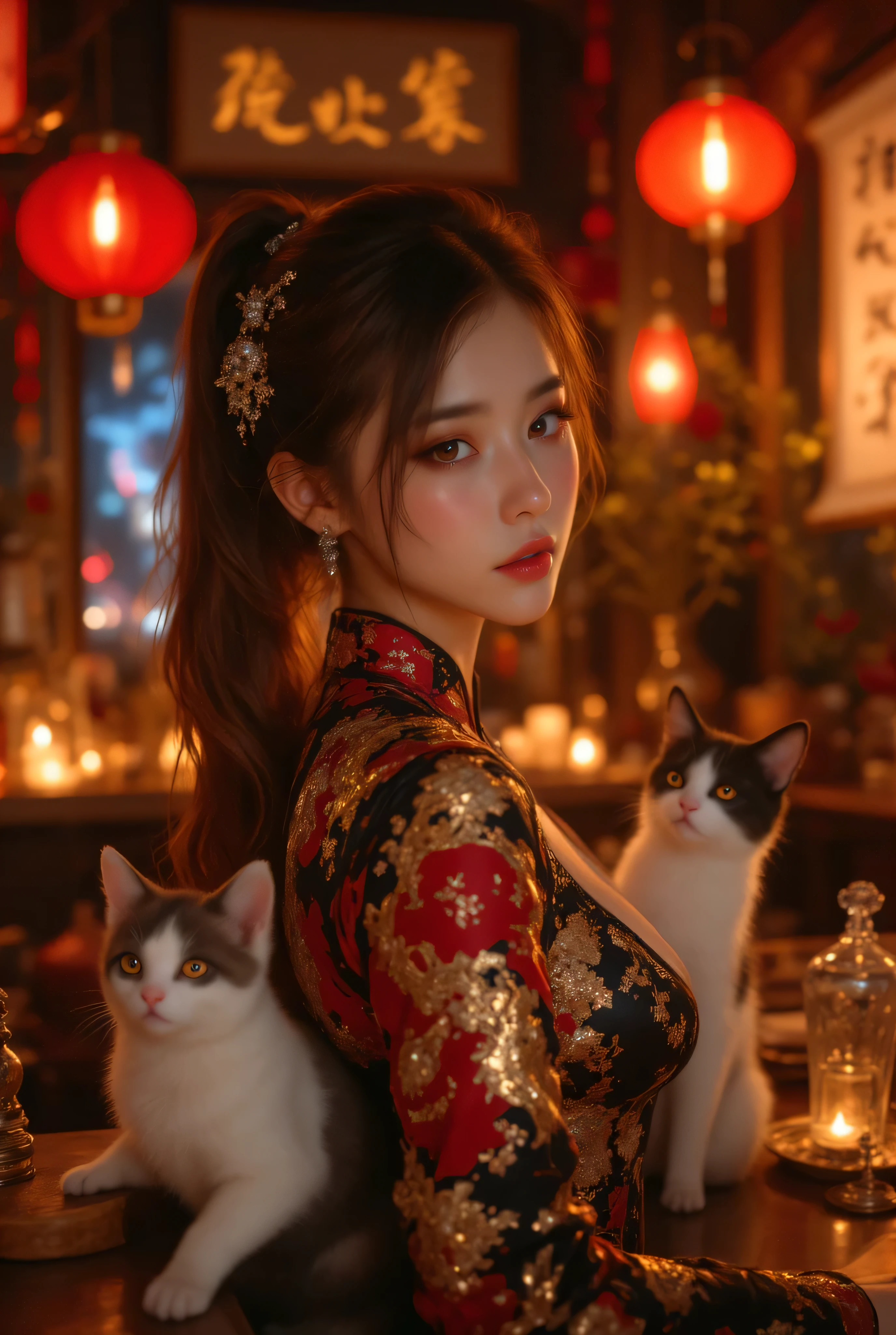 1girl, Cat ears、 face up, attractive, pretty girl, ponytail、 (( fine facial features , eroticism)), dramatic lighting , realistic , 8k, Dramatic Shadows , intricate and elaborate patterns , super detailed photo , chiaroscuro lighting , Pleasant colors , deep contrast , super real 、 pink lipstick、 pretty earrings, pretty necklace, pretty hairpin, warm room、Vintage Fireplace 、 cinematic composition、Close-up of face, shining jewelry, sexy pretty half part transparent open shoulder loose outfits dress, tang style, A beautiful Korean idol wearing a short colourful tightly cheongsam with phoenix and intricate floral golden embroidery, golden and silver outline on dress, hand with pink feathers paper fan and paper fan have golden ink drawing on it, standing gracefully in a room filled with traditional Chinese New Year decorations. The room features vibrant red lanterns, decorative calligraphy scrolls, a small Chinese orange tree with golden ornaments, and several red envelopes scattered across the floor and hanging from the tree. Adorable, playful cats are part of the scene—some sitting near the tree, others curiously pawing at the red envelopes or lounging around. Through a window or an open door in the background, vibrant Chinese fireworks light up the night sky in an array of reds, golds, and blues, casting a magical glow into the room. The idol’s outfit is paired with subtle accessories like red hairpins or earrings, complementing the festive look. The atmosphere is warm and lively, filled with the joyful essence of the celebration, enhanced by the shimmering lights of the fireworks and the lively decor. Soft random color lights