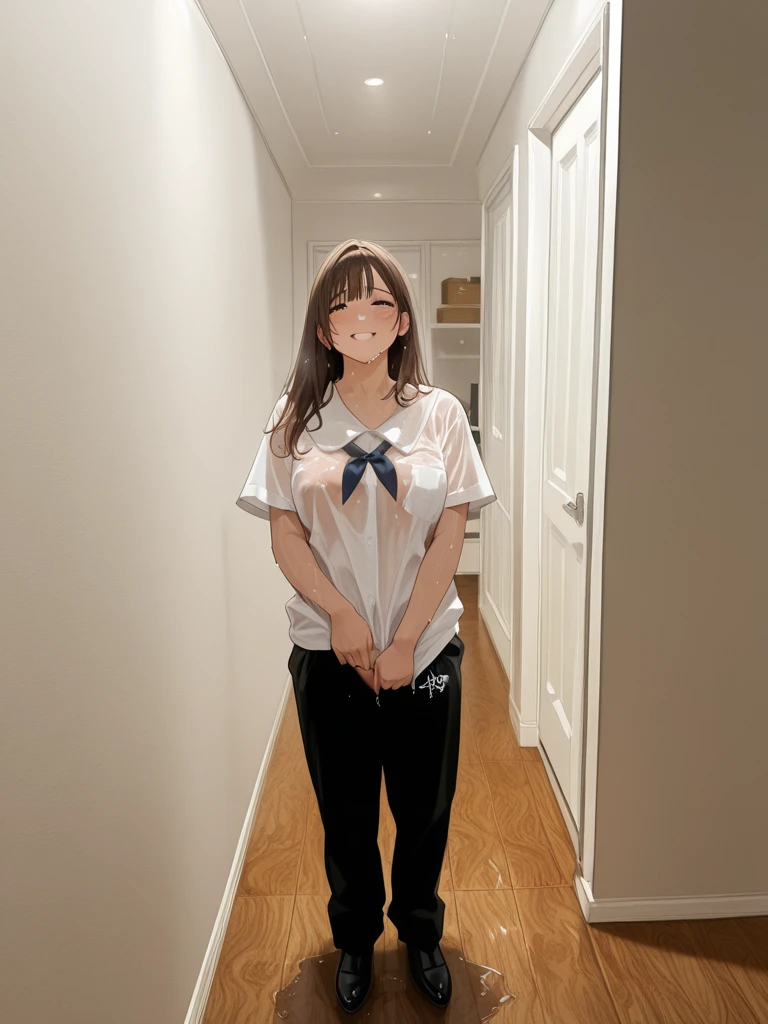 (masterpiece, best quality:1.2, perfect hands, parfect fingers, parfect face, high resolution, high detail, 16k), 1 girl, solo, cute, (((junior, teen, , childish, 13 years old, baby face, primary school student, js))), japanese girl, smile, cowboy shot, hotelroom, sober sailor uniform,