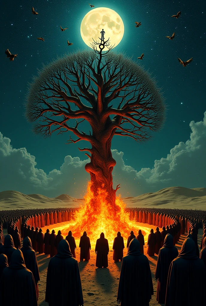 The Rite Demon Dalí painting, satanic rite, thousands of people around a burning tree ...