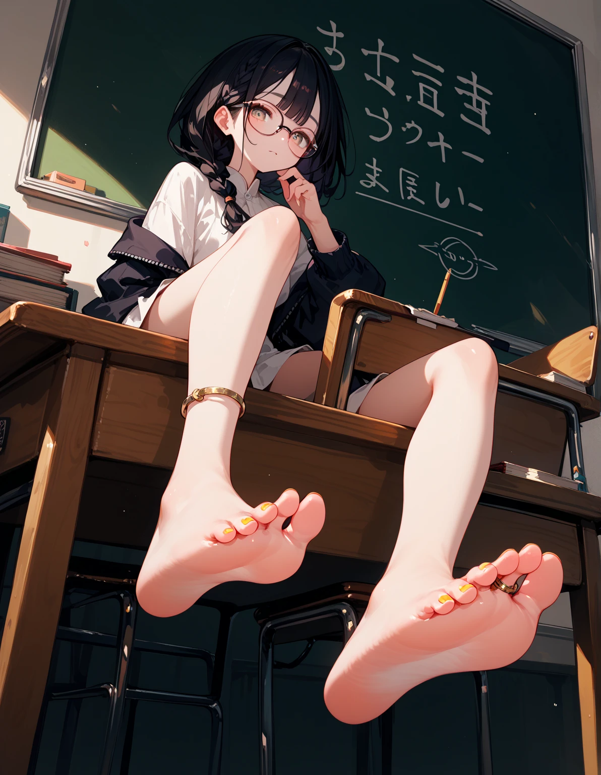 score_9, score_8_up,score_7_up,hadrian,black hair, Sexy swimsuit,baggy,glasses,black hair,low twin braids, ,desk,sitting on desk,foot up,barefoot,soles,foot focus,from below,anklet,chalkboard