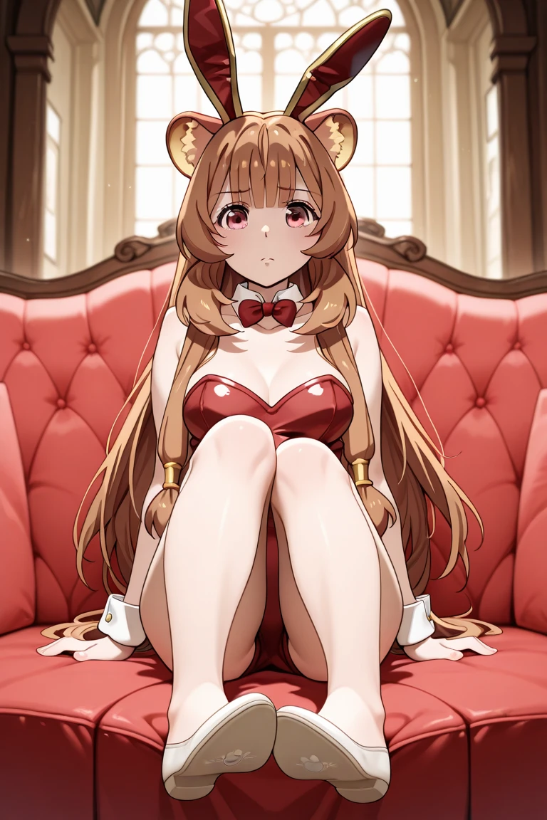 masterpiece, highest quality,beautiful eyes, beautiful hair, beautiful face, beautiful skin, solo, 1 girl, anime girl, curvy, beautiful breasts,shiny skin,shining eyes, smooth skin, glowing skin, soft skin, glowing skin, bare legs, high heels, embarrassed, fake rabbit ears, full body, (Golden Slingshot Swimsuit), (bare neck:1.3), (bare shoulder:1.3), (bare collarbone:1.3),