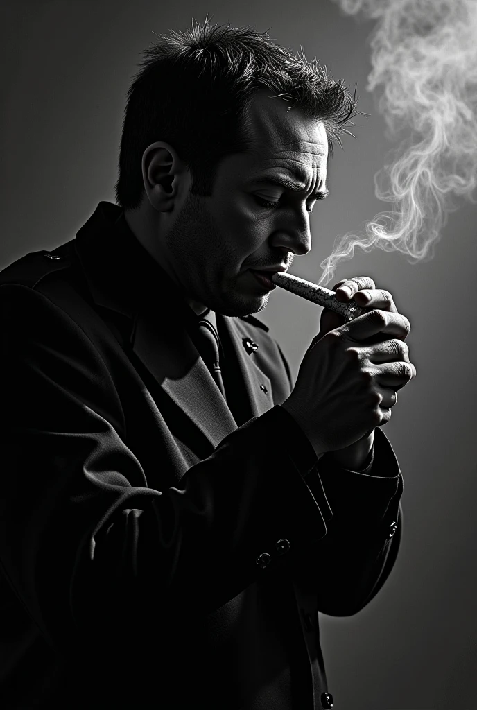 Cinematic, dark, hotel lobby, upper body photo, An extreme low angle shot photo taken from below of a man in black suit, white shirt, with loose black tie, unbuttoned collars, smoking a cigarette, sweaty, caucasian, black hair, The man is looking down at something behind the viewer.